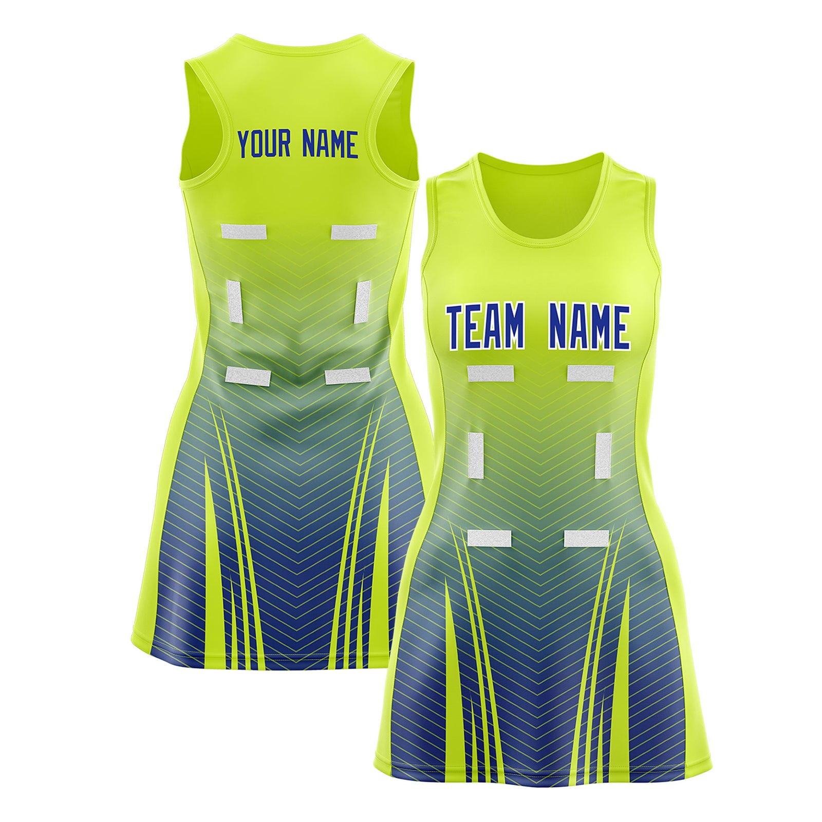 Custom Fluorescent Green Royal Netball Dresses With Diagonal Lines And Jagged Texture Patterns