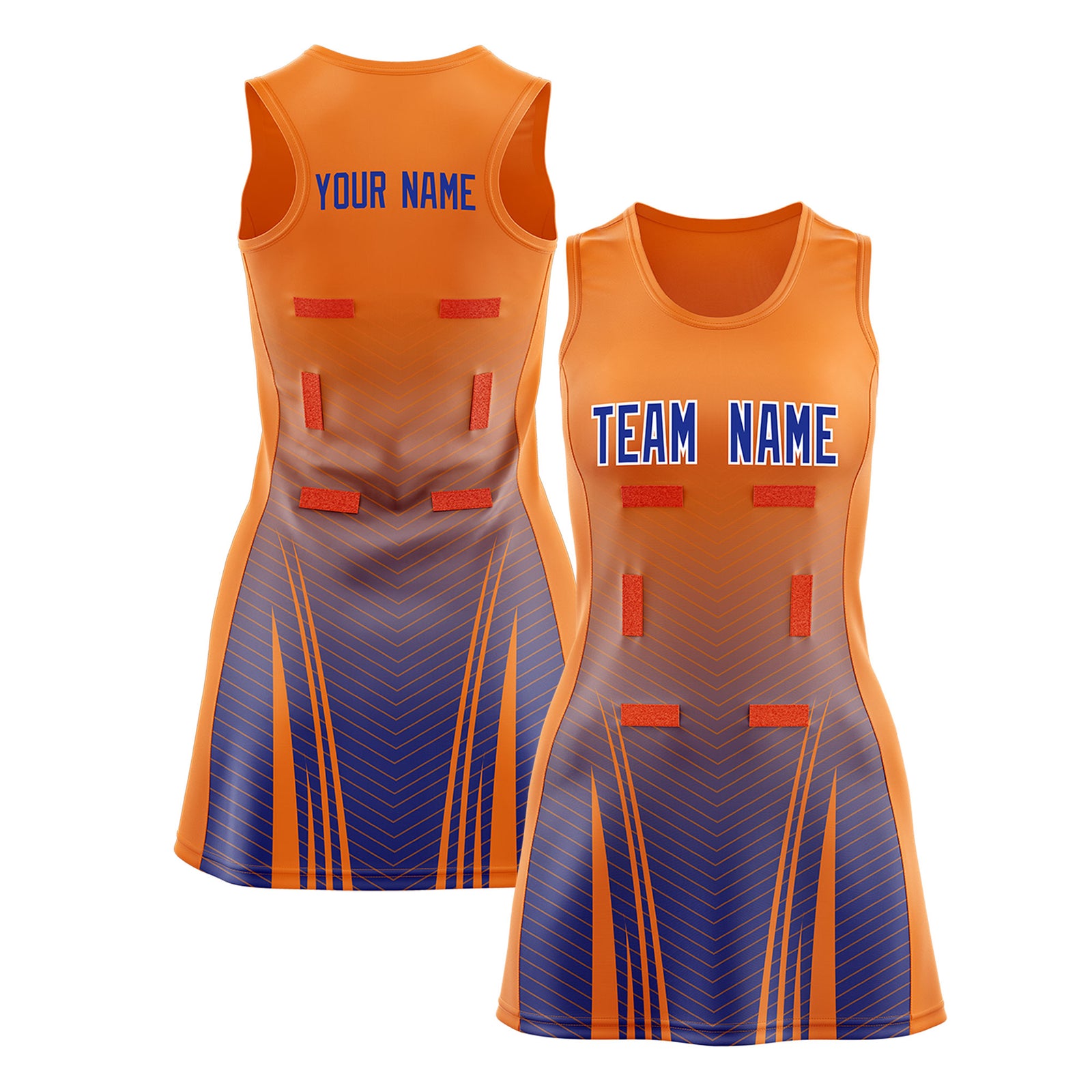 Custom Orange Royal Netball Dresses With Diagonal Lines And Jagged Texture Patterns