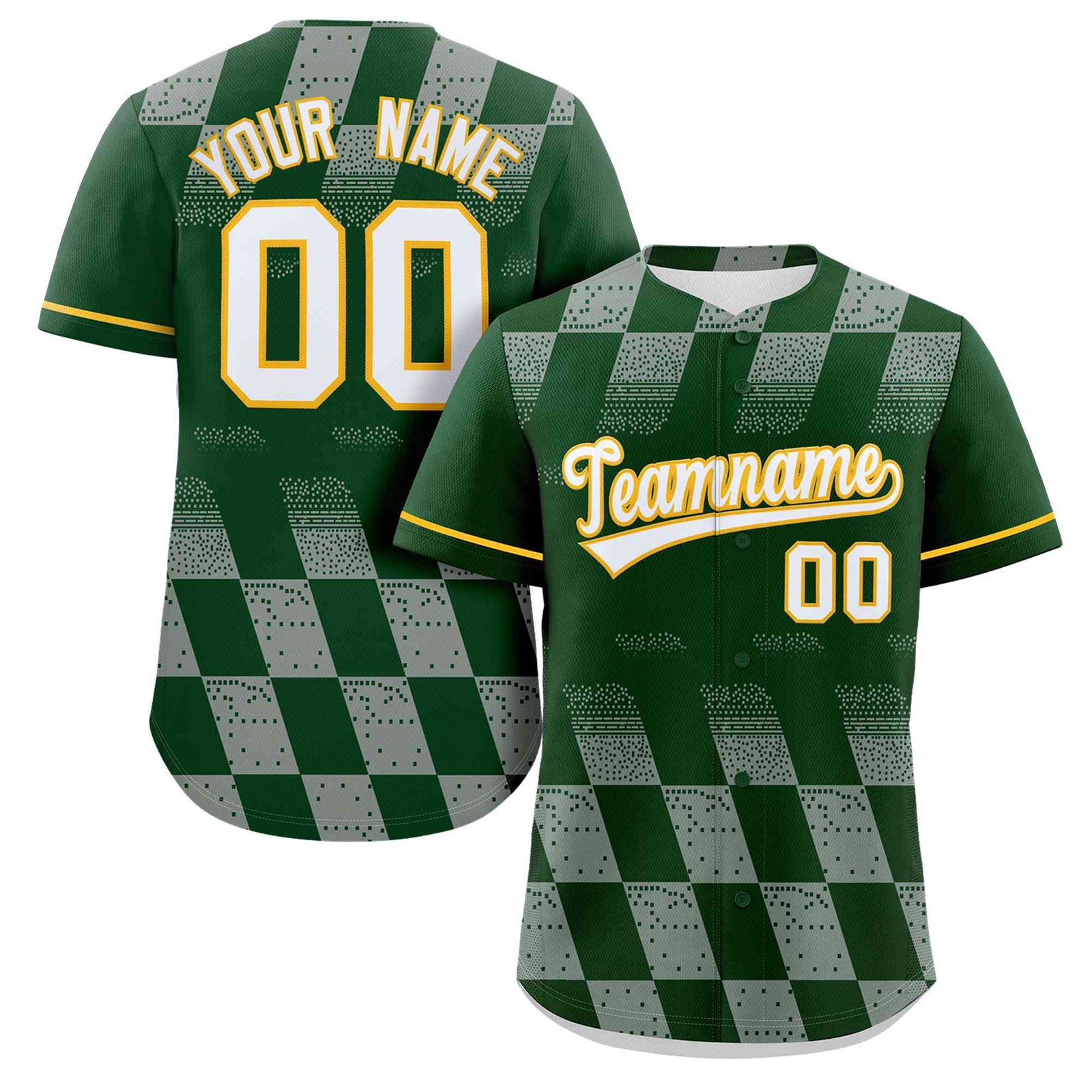 Custom Kelly Green Gray Grid Speckles Color Block Design Authentic Baseball Jersey
