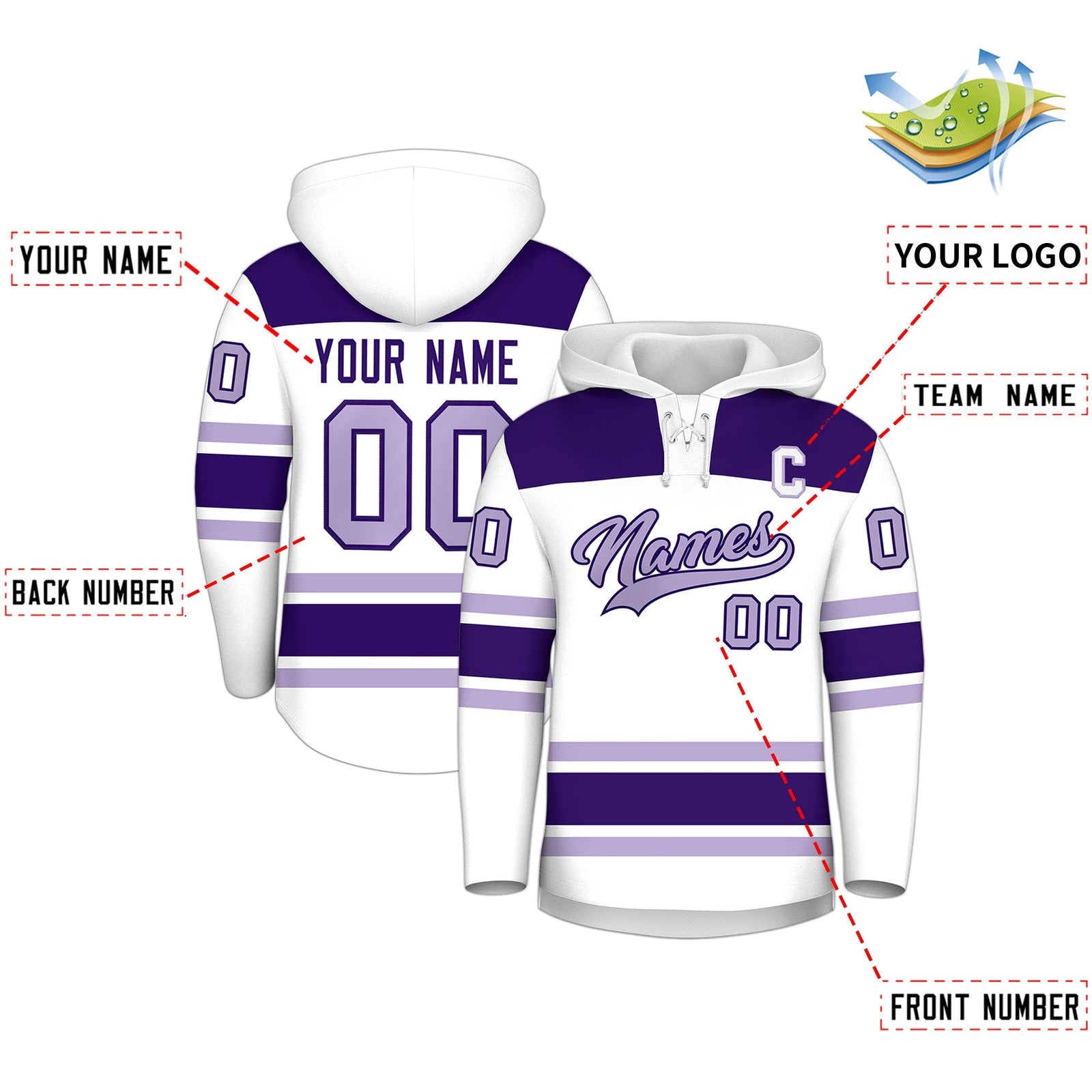Custom Hockey Hoodie Jersey White Purple Raglan Sleeves Lace-Up Neck Personalized Jersey for Men & Youth