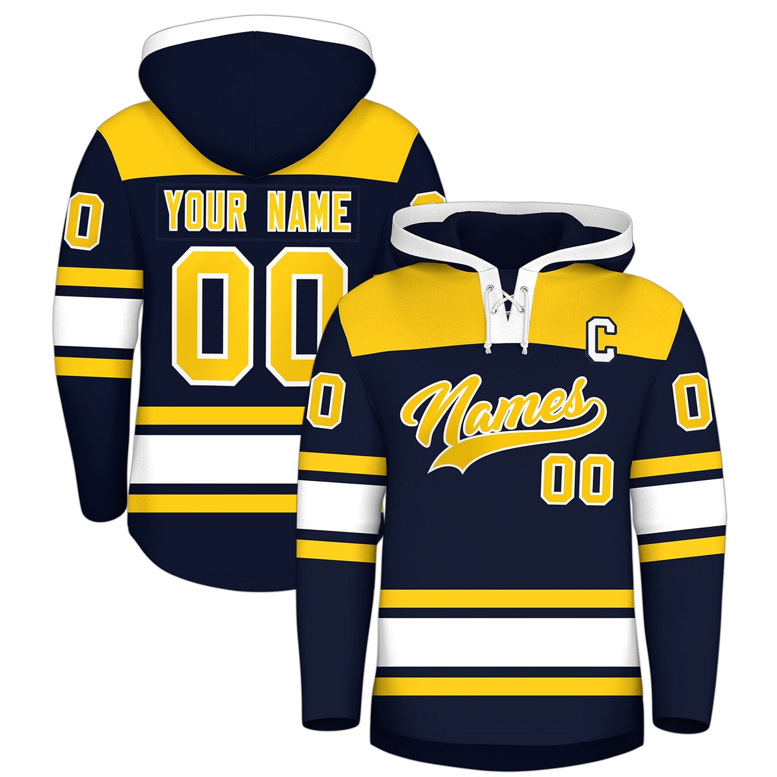 Custom Hockey Hoodie Jersey Navy Gold Raglan Sleeves Lace-Up Neck Personal Name & Number & Logo