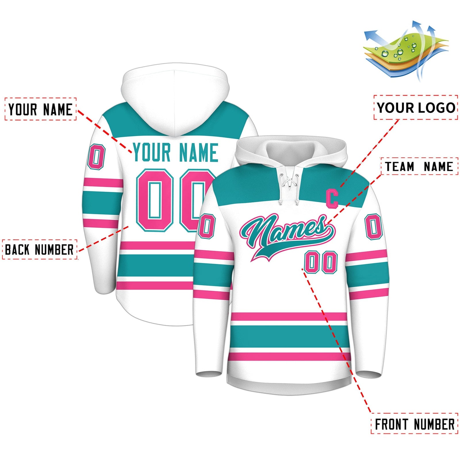 Custom Hockey Hoodie Jersey White Aqua Raglan Sleeves Lace-Up Neck Personal Name & Number & Logo