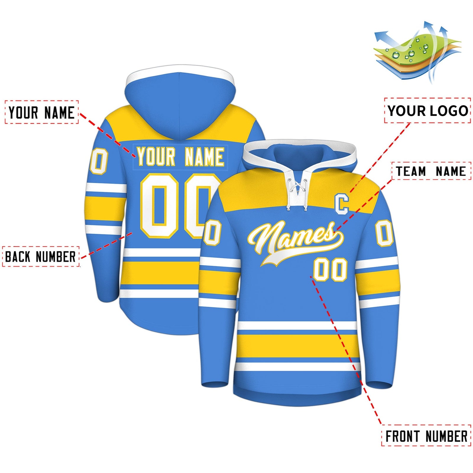 Custom Hockey Hoodie Jersey Powder Blue Gold Raglan Sleeves Lace-Up Neck Classic Team Colors Hoodie