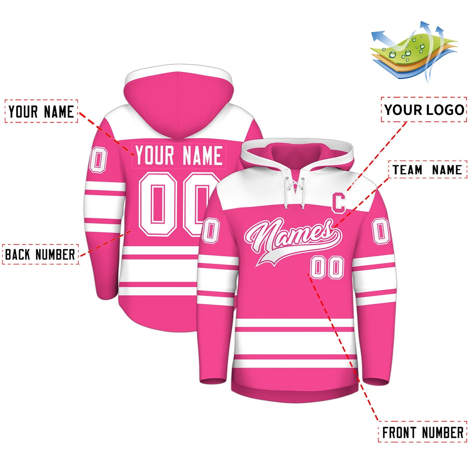 Custom Hockey Hoodie Jersey Pink White Raglan Sleeves Lace-Up Neck Personalized Jersey for Men & Youth