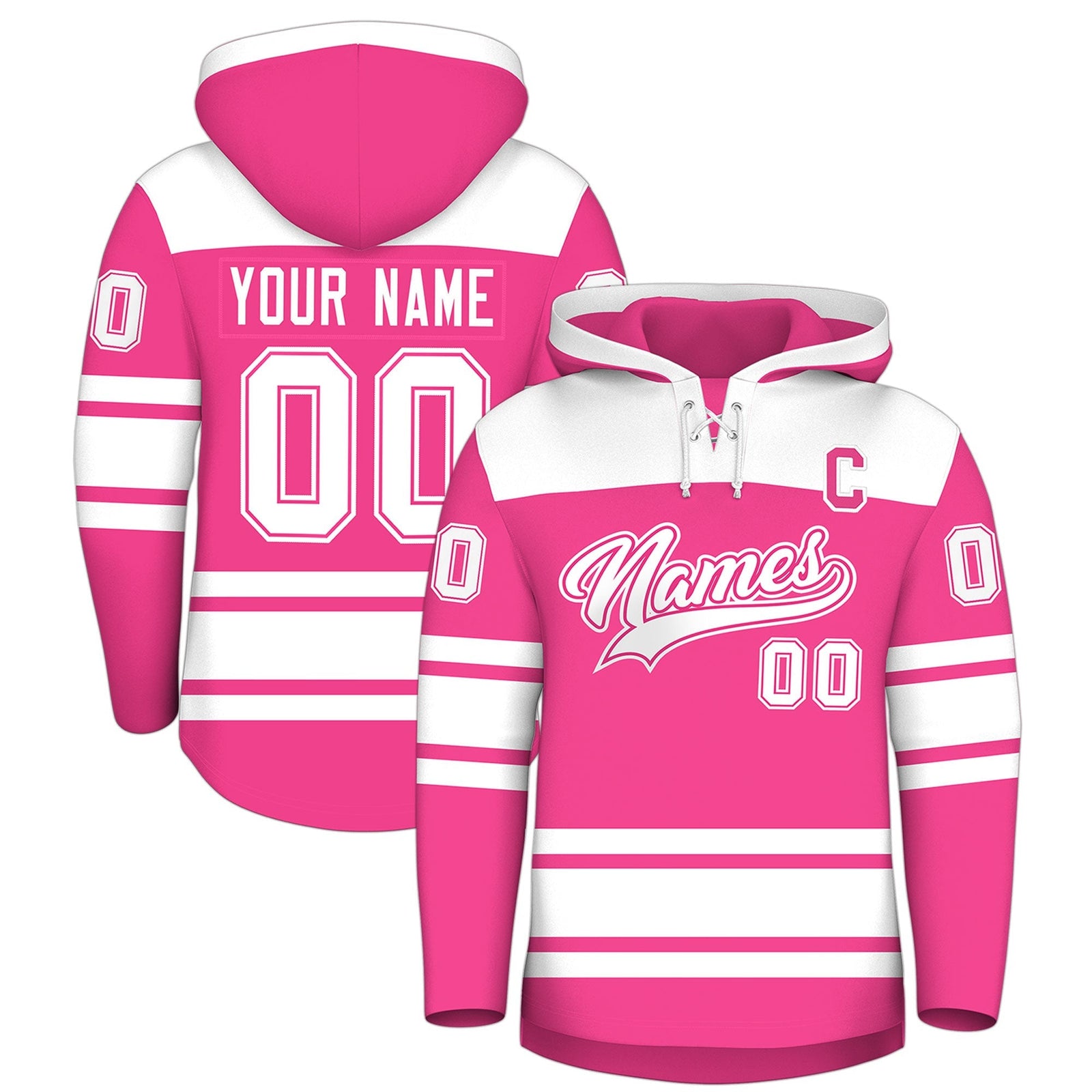 Custom Hockey Hoodie Jersey Pink White Raglan Sleeves Lace-Up Neck Personalized Jersey for Men & Youth