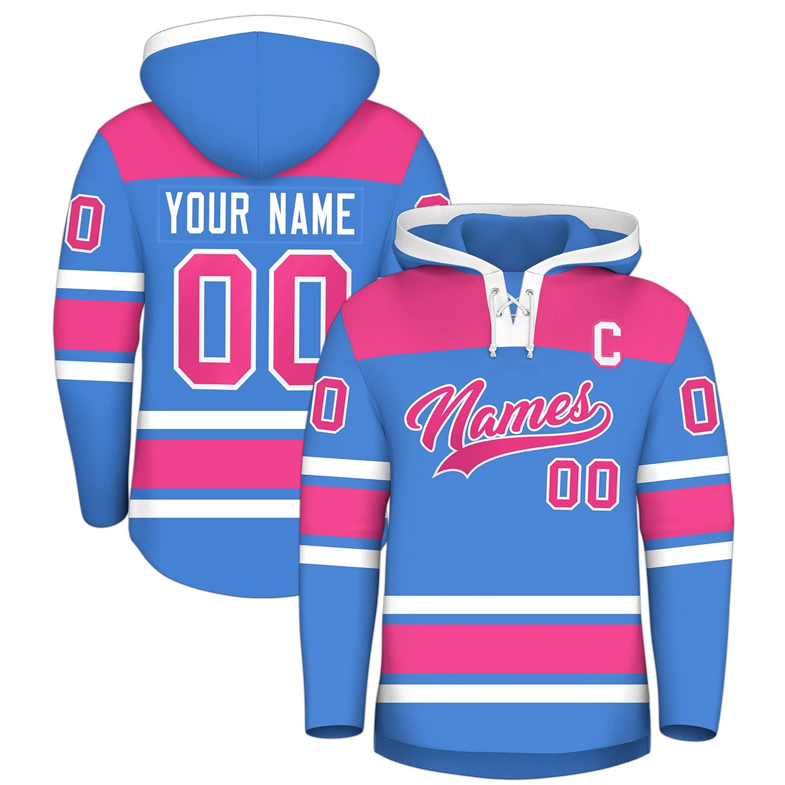 Custom Hockey Hoodie Jersey Powder Blue Raglan Sleeves Lace-Up Neck Personal Name & Number & Logo