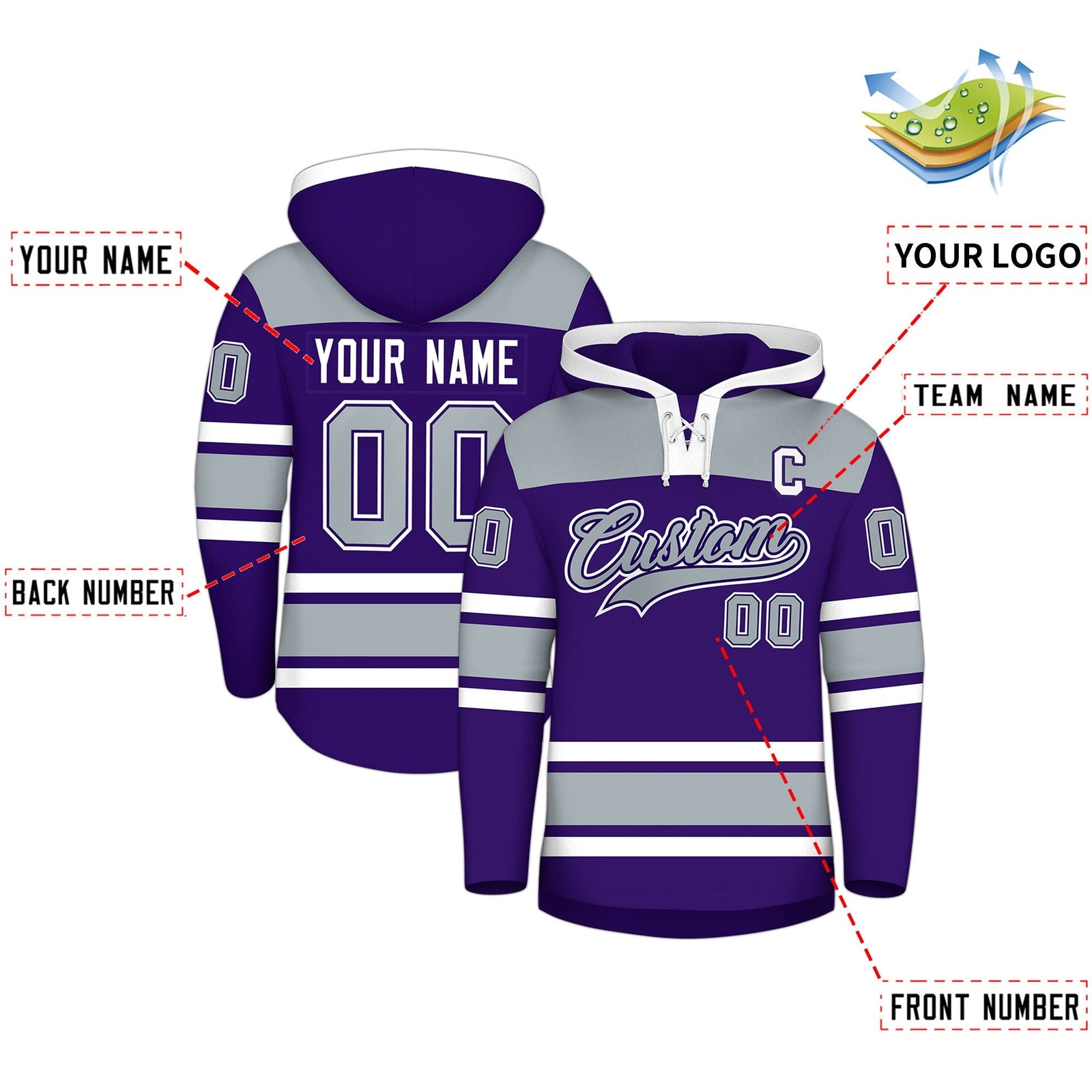 Custom Hockey Hoodie Jersey Purple Silver Raglan Sleeves Lace-Up Neck Personal Name & Number & Logo