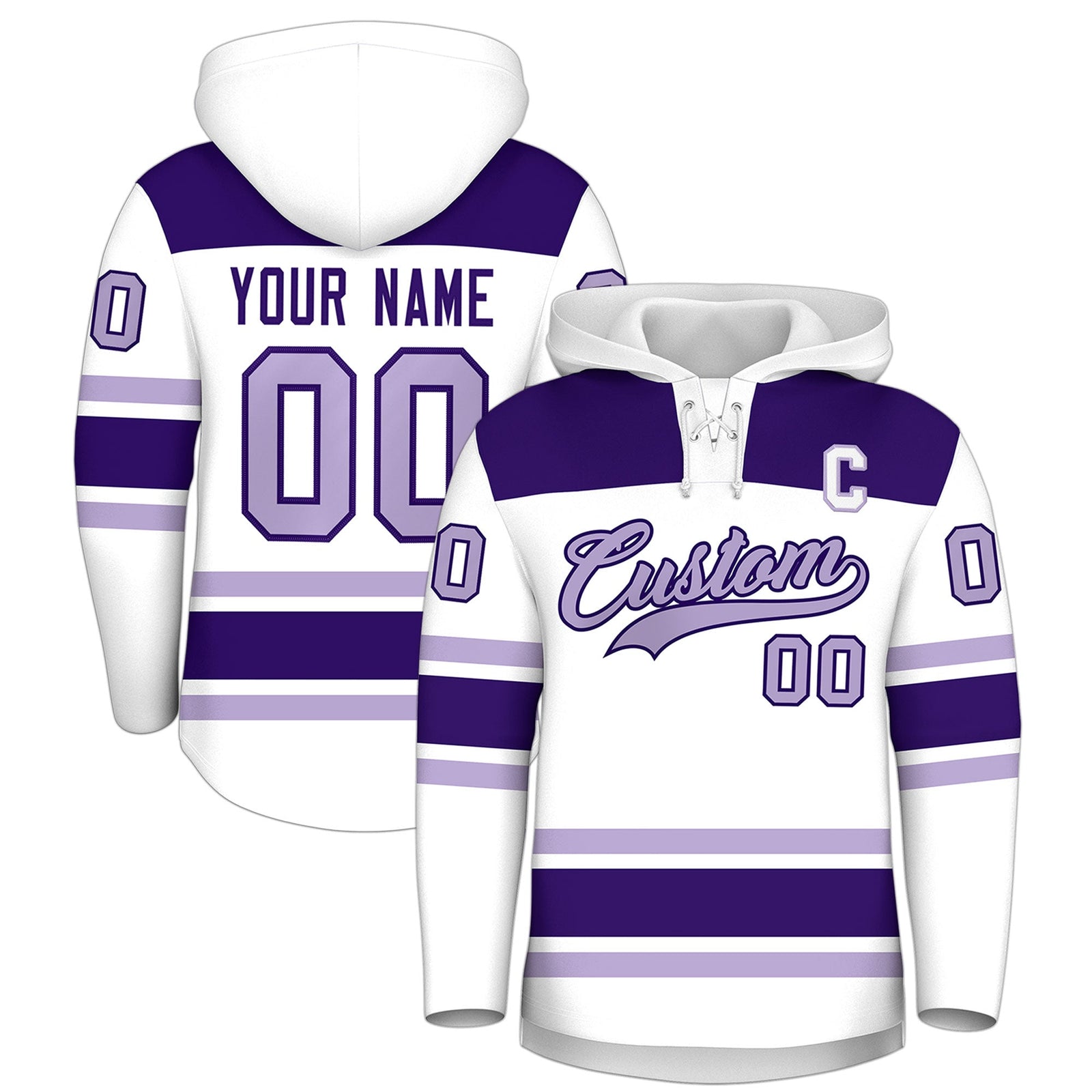 Custom Hockey Hoodie Jersey White Purple Raglan Sleeves Lace-Up Neck Personalized Jersey for Men & Youth