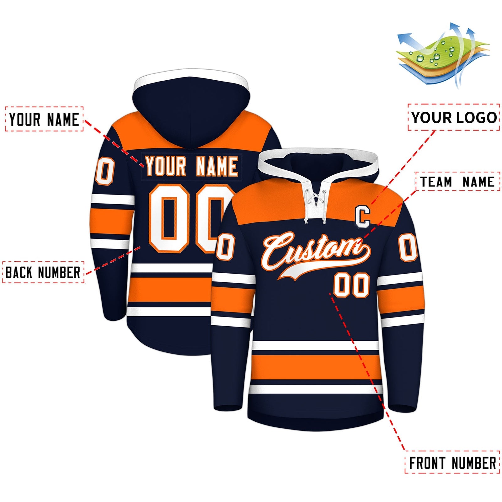 Custom Hockey Hoodie Jersey Navy Orange Raglan Sleeves Lace-Up Neck Personal Name & Number & Logo