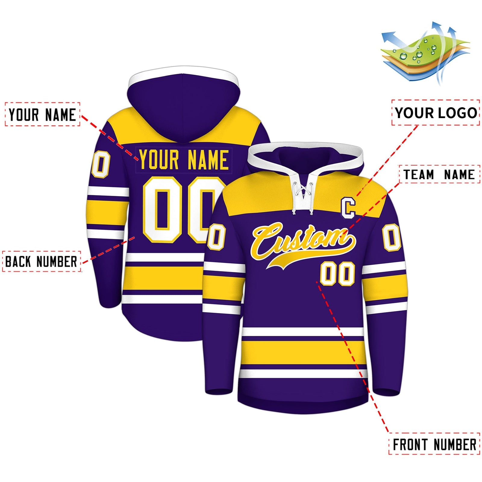 Custom Hockey Hoodie Jersey Purple Gold Raglan Sleeves Lace-Up Neck Personalized Jersey for Men & Youth