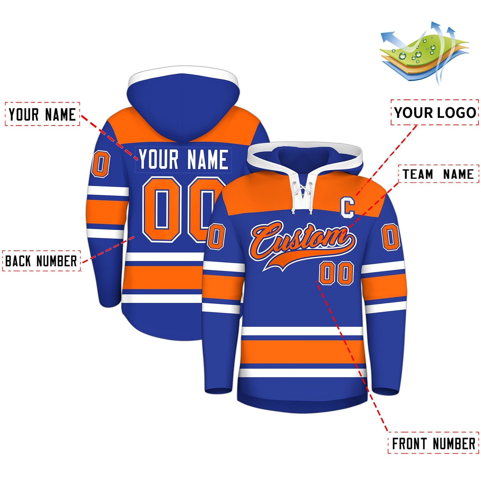 Custom Hockey Hoodie Jersey Royal Blue Orange Raglan Sleeves Lace-Up Neck Classic Team Colors Hoodie