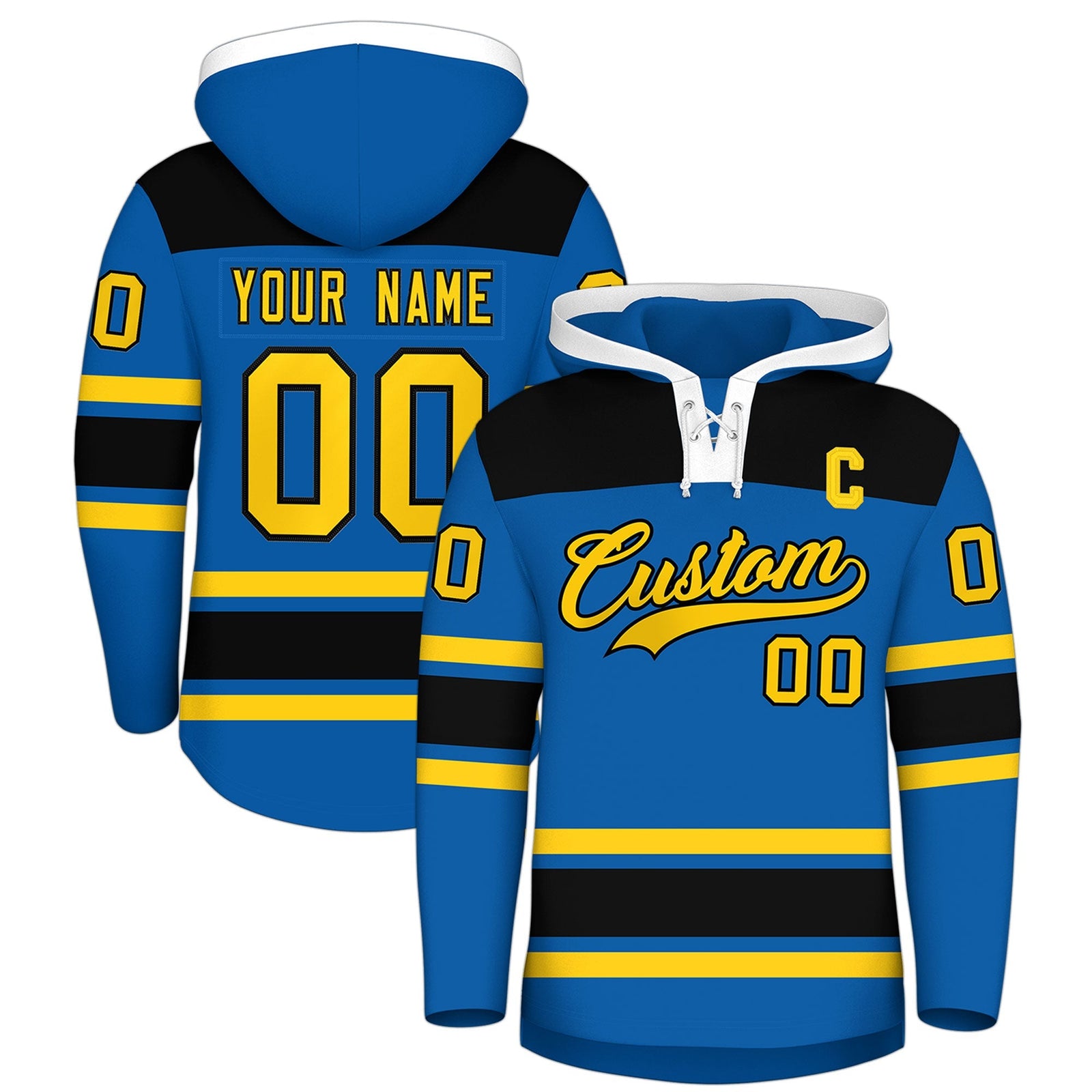 Custom Hockey Hoodie Jersey Royal Black Raglan Sleeves Lace-Up Neck Personalized Jersey for Men & Youth