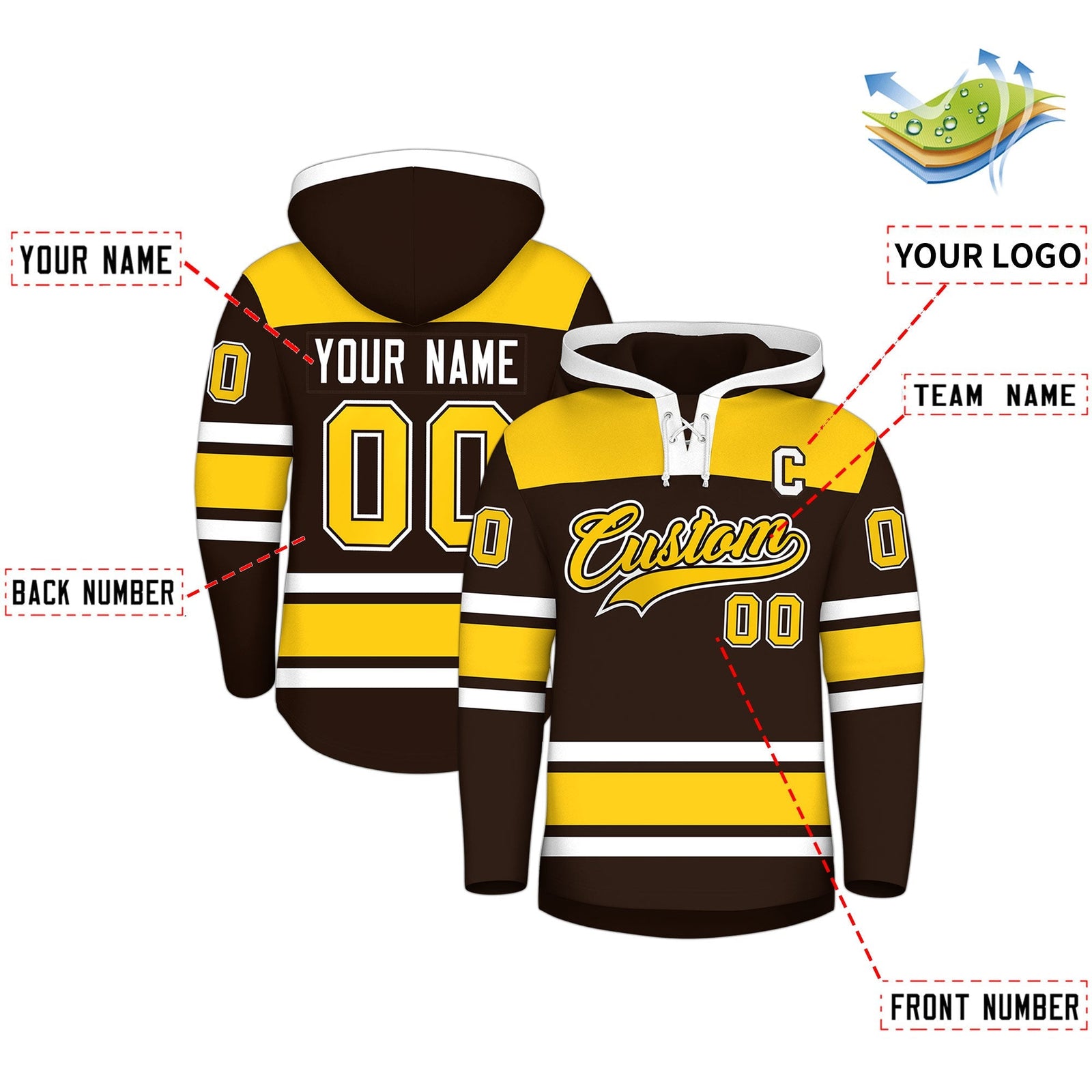 Custom Hockey Hoodie Jersey Brown Gold Raglan Sleeves Lace-Up Neck Personalized Jersey for Men & Youth