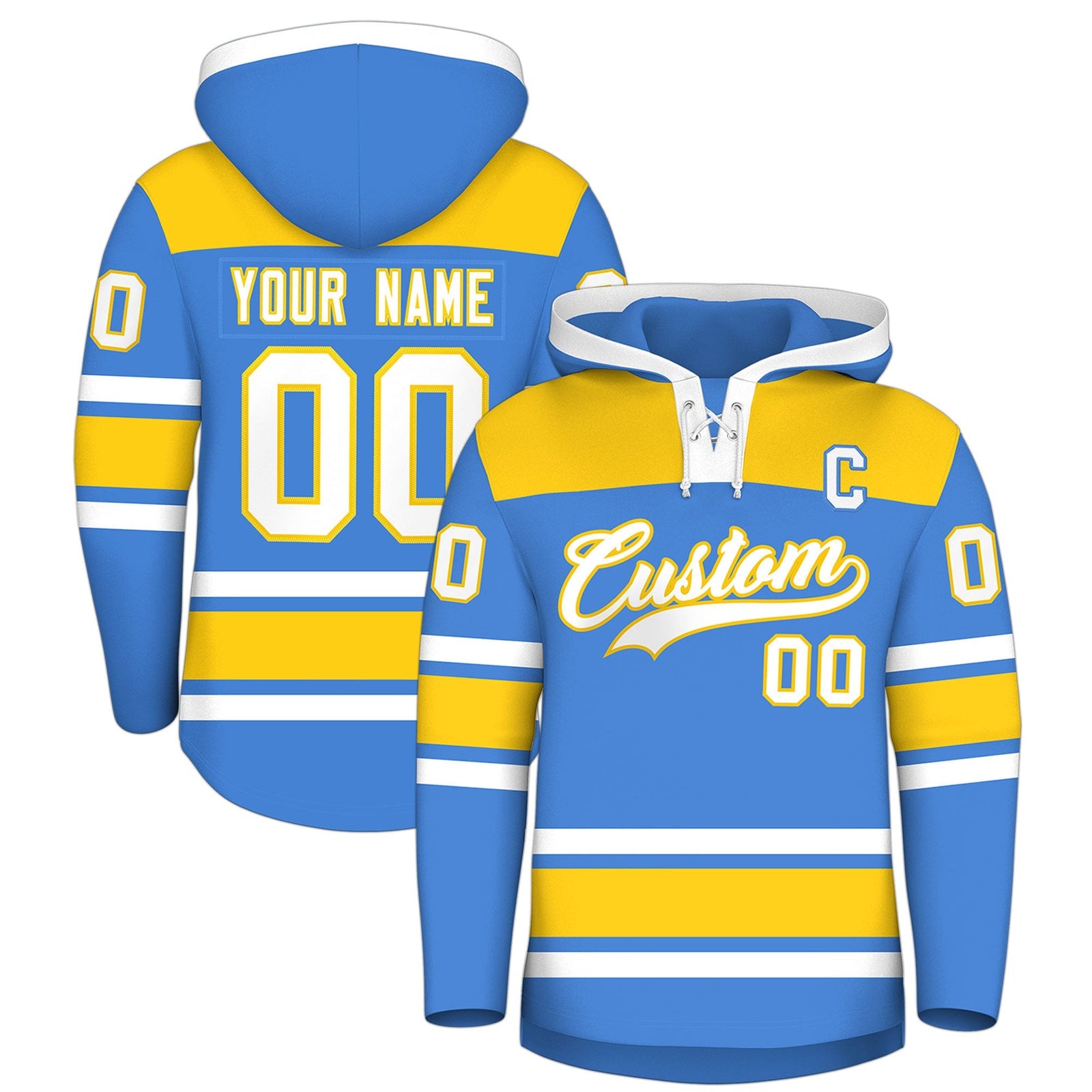 Custom Hockey Hoodie Jersey Powder Blue Gold Raglan Sleeves Lace-Up Neck Classic Team Colors Hoodie