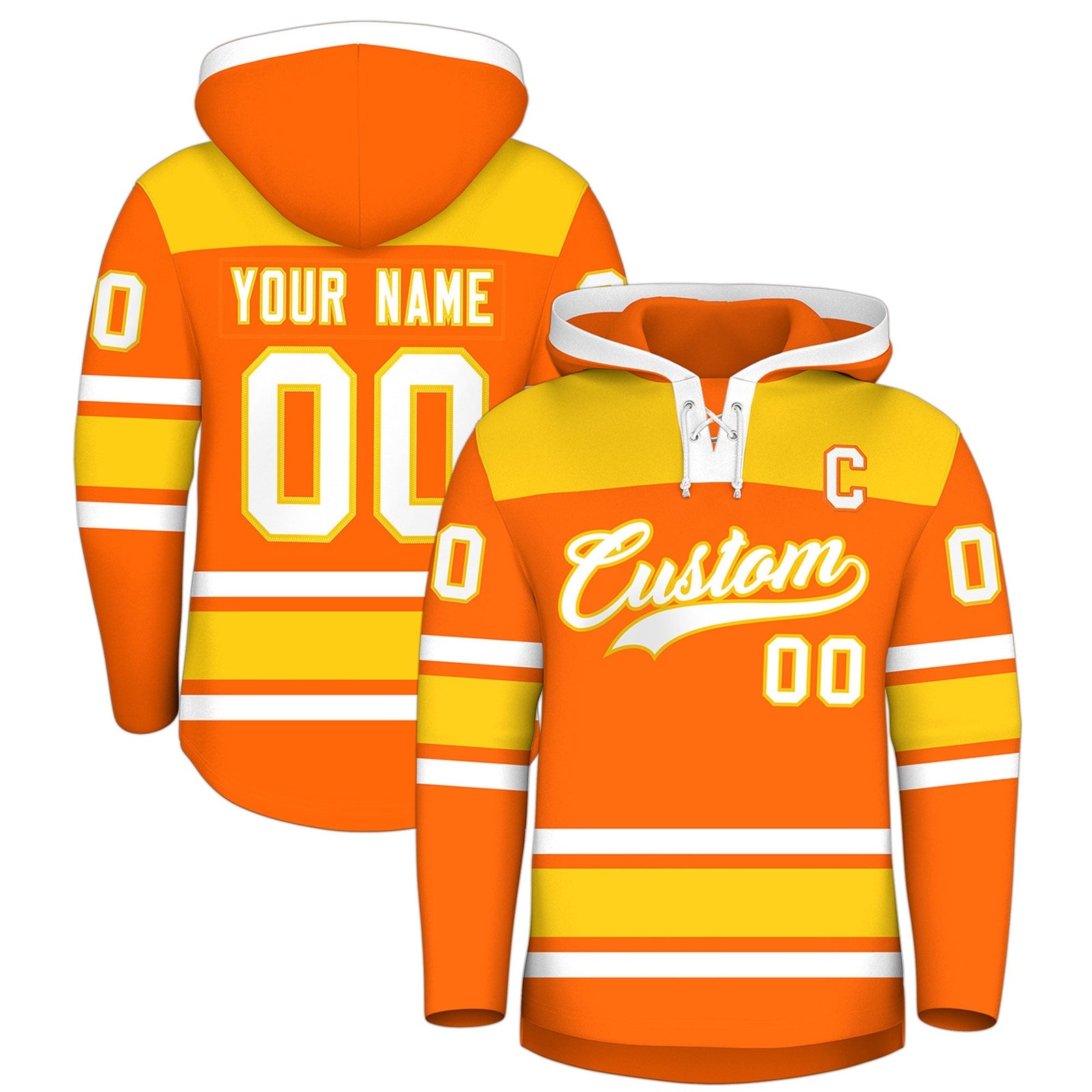 Custom Hockey Hoodie Jersey Orange Gold Raglan Sleeves Lace-Up Neck Personal Name & Number & Logo