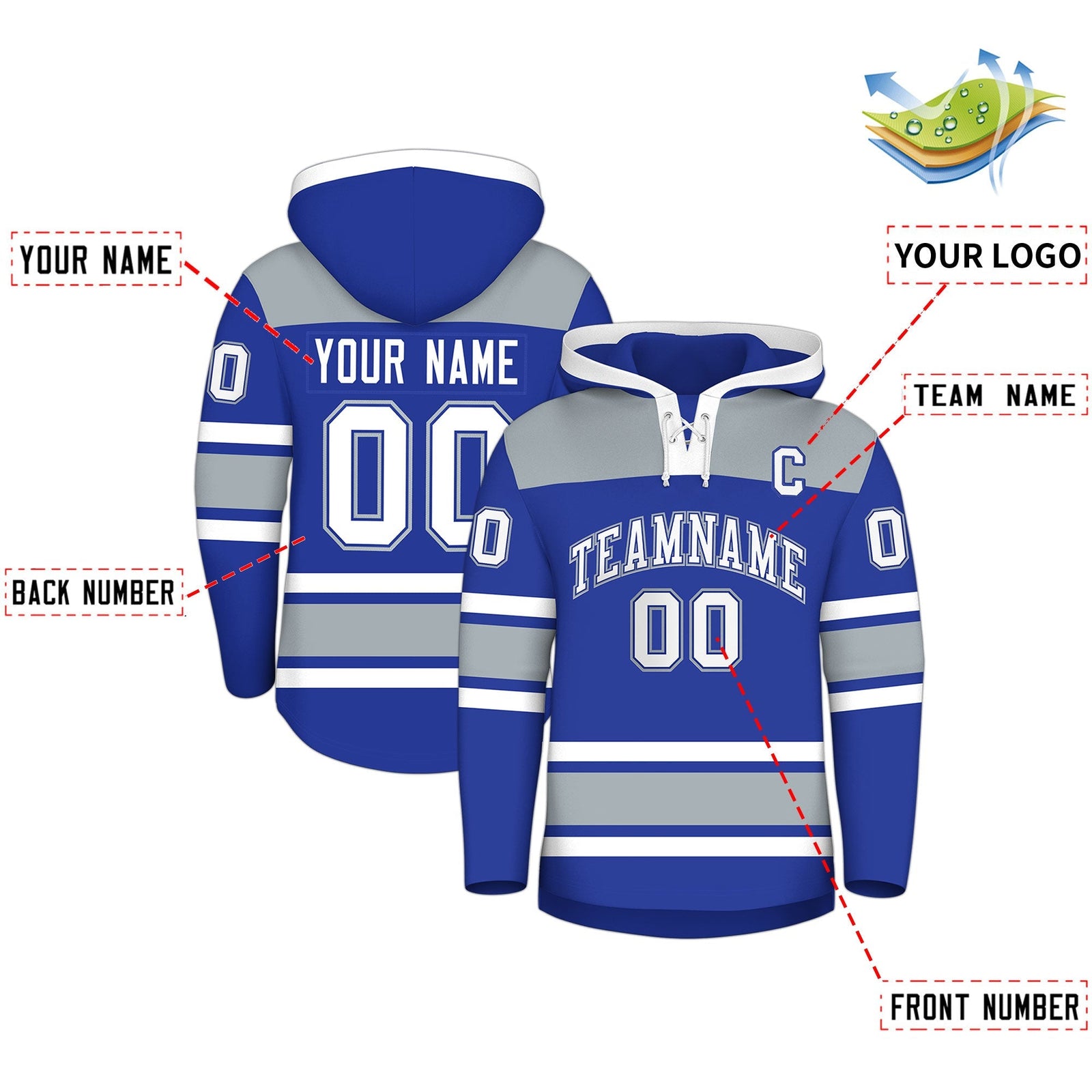 Custom Hockey Hoodie Jersey Royal Blue Silver Raglan Sleeves Lace-Up Neck Personalized Jersey for Men & Youth
