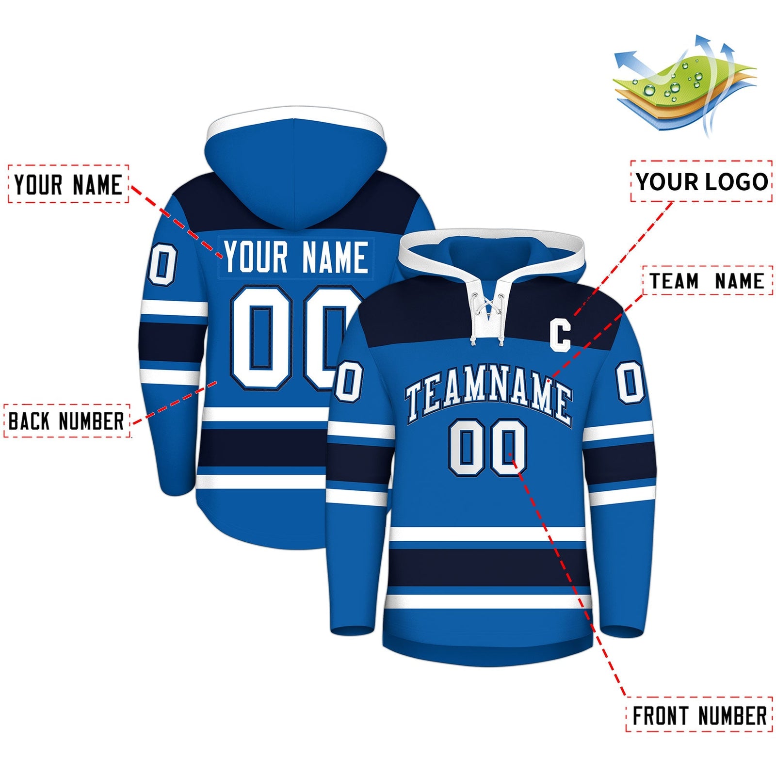 Custom Hockey Hoodie Jersey Royal Navy Raglan Sleeves Lace-Up Neck Personal Name & Number & Logo