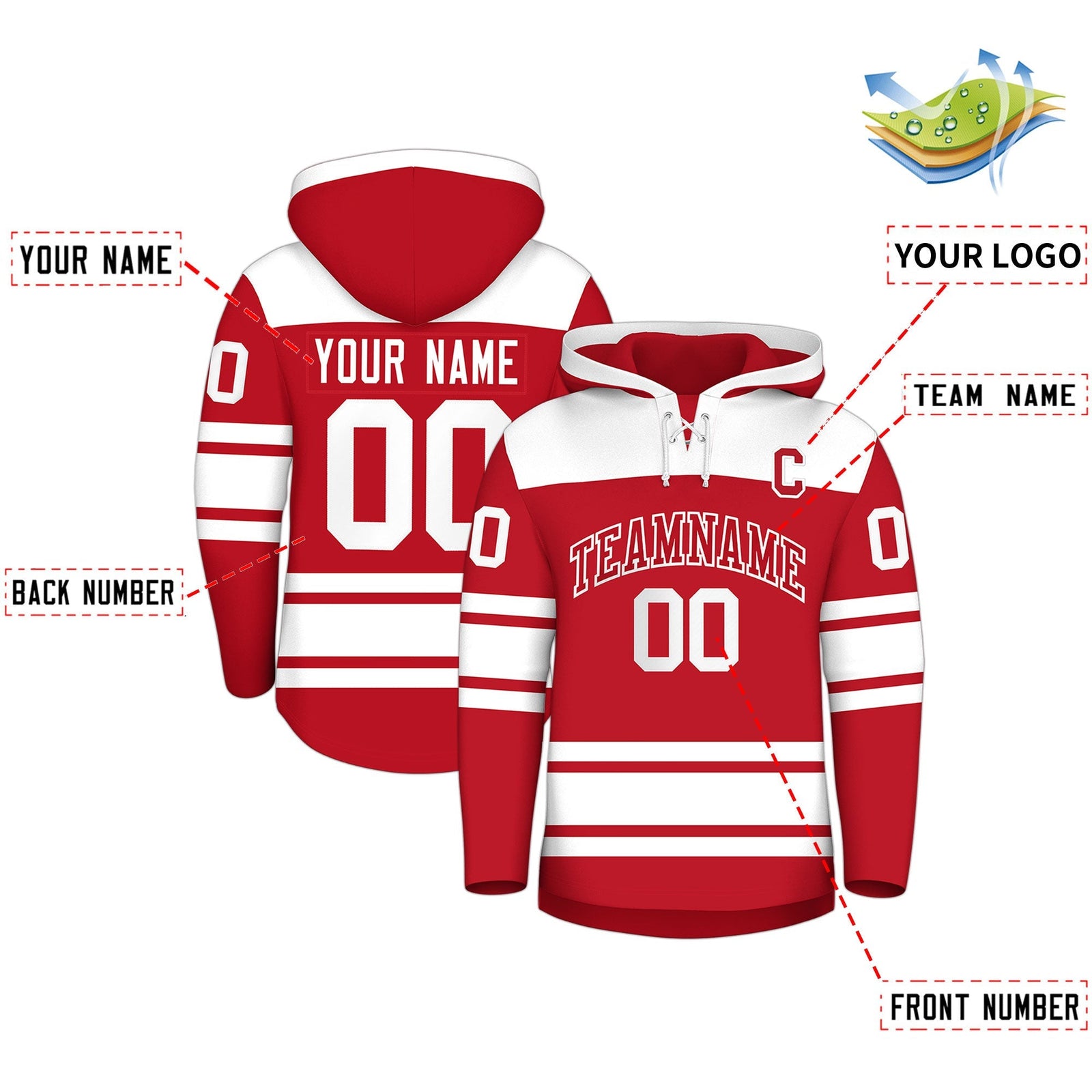 Custom Hockey Hoodie Jersey Red White Raglan Sleeves Lace-Up Neck Personalized Jersey for Men & Youth