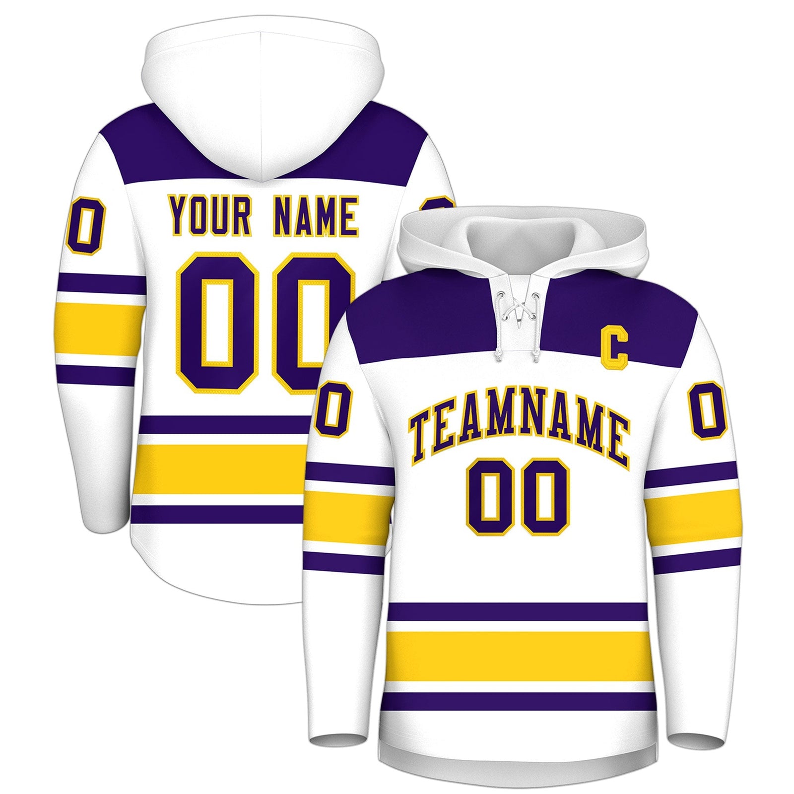 Custom Hockey Hoodie Jersey White Gold Raglan Sleeves Lace-Up Neck Personal Name & Number & Logo