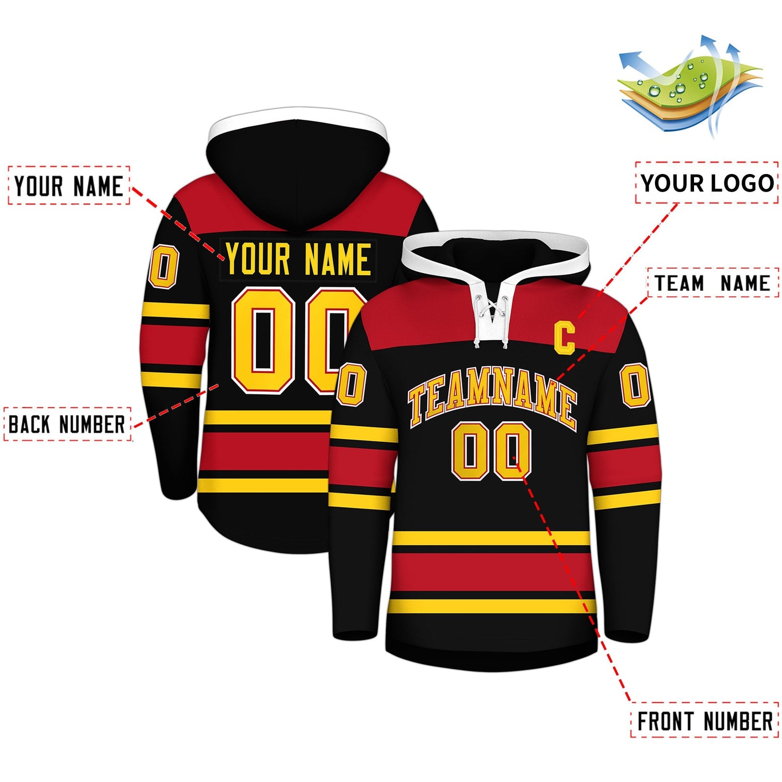 Custom Hockey Hoodie Jersey Black Red Raglan Sleeves Lace-Up Neck Personal Name & Number & Logo