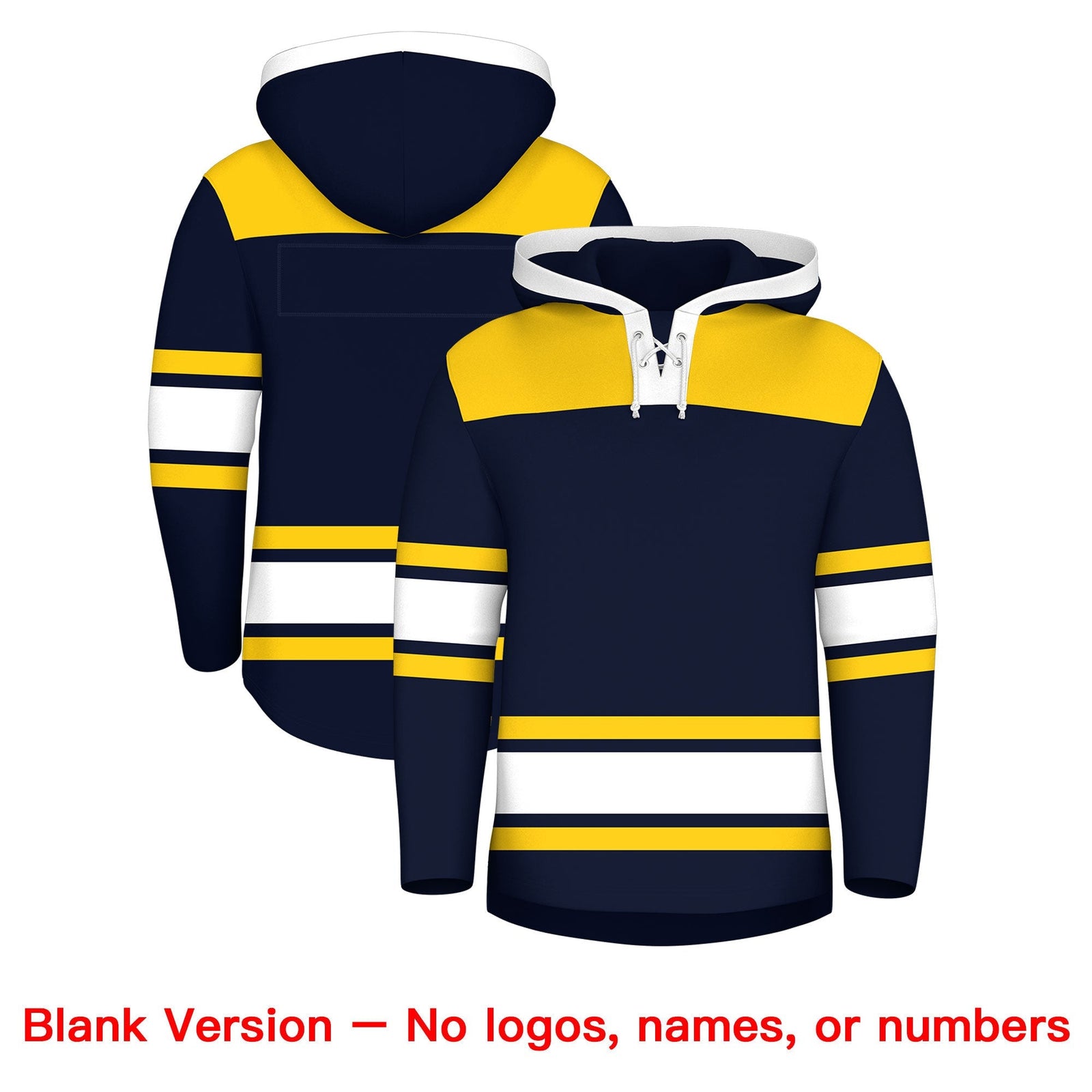 Custom Hockey Hoodie Jersey Navy Gold Raglan Sleeves Lace-Up Neck Personal Name & Number & Logo