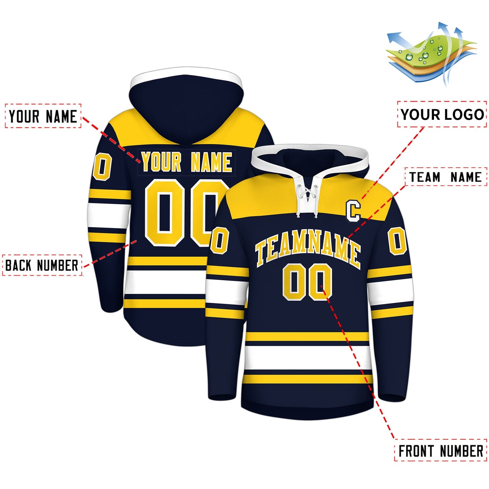 Custom Hockey Hoodie Jersey Navy Gold Raglan Sleeves Lace-Up Neck Personal Name & Number & Logo