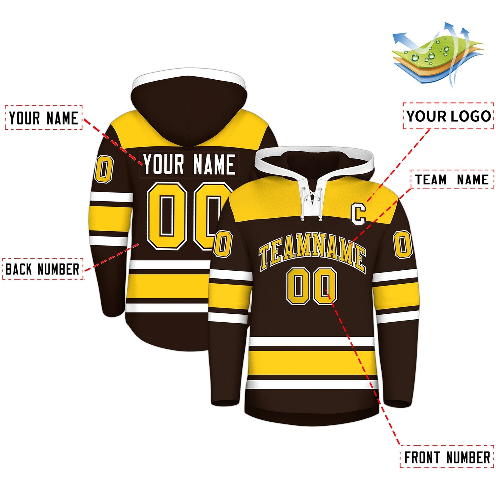 Custom Hockey Hoodie Jersey Brown Gold Raglan Sleeves Lace-Up Neck Personalized Jersey for Men & Youth