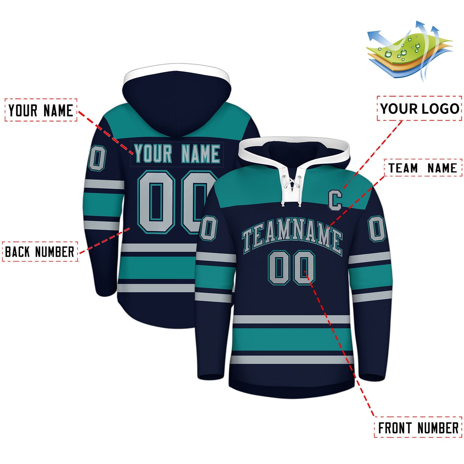 Custom Hockey Hoodie Jersey Navy Teal Raglan Sleeves Lace-Up Neck Classic Team Colors Hoodie