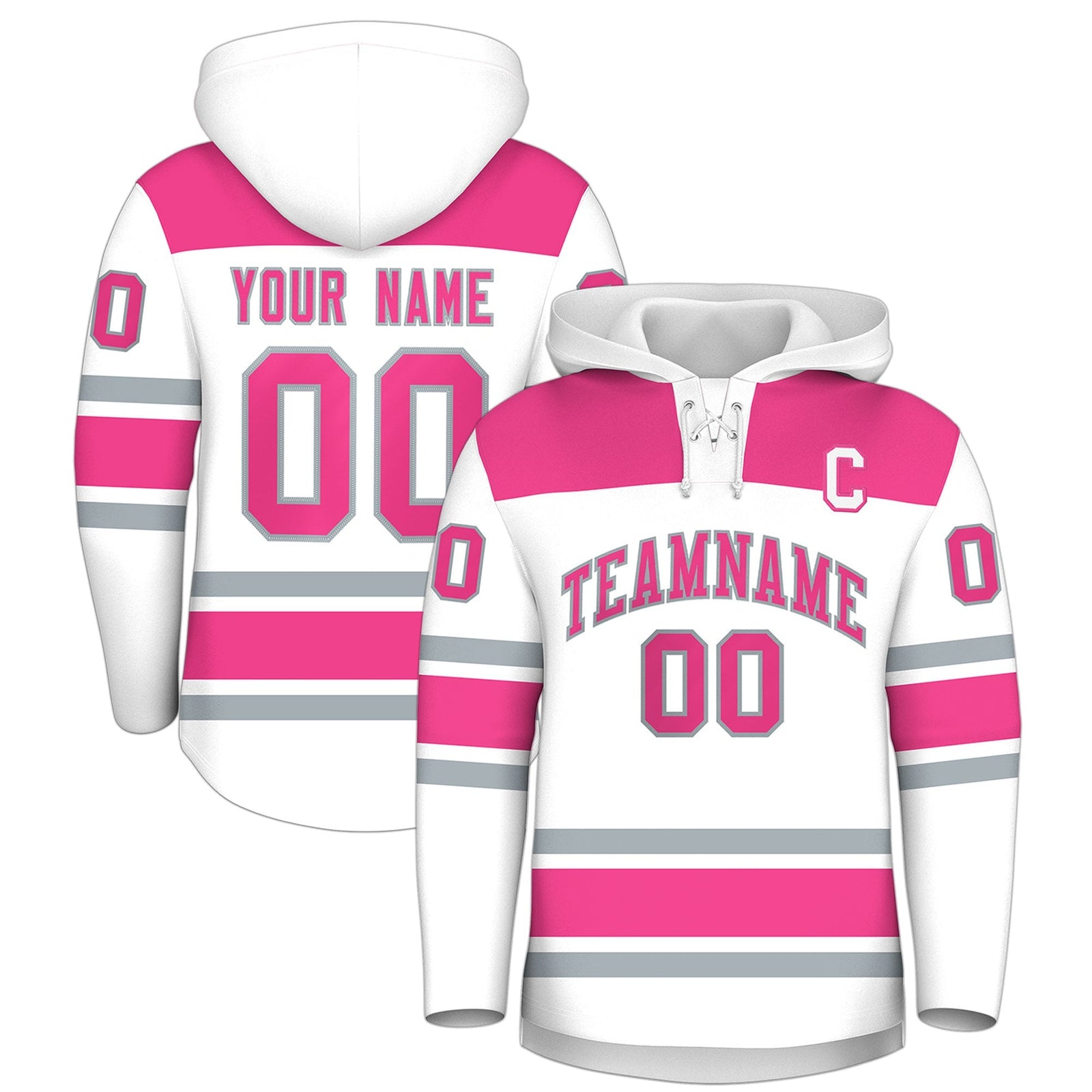 Custom Hockey Hoodie Jersey White Pink Raglan Sleeves Lace-Up Neck Personal Name & Number & Logo