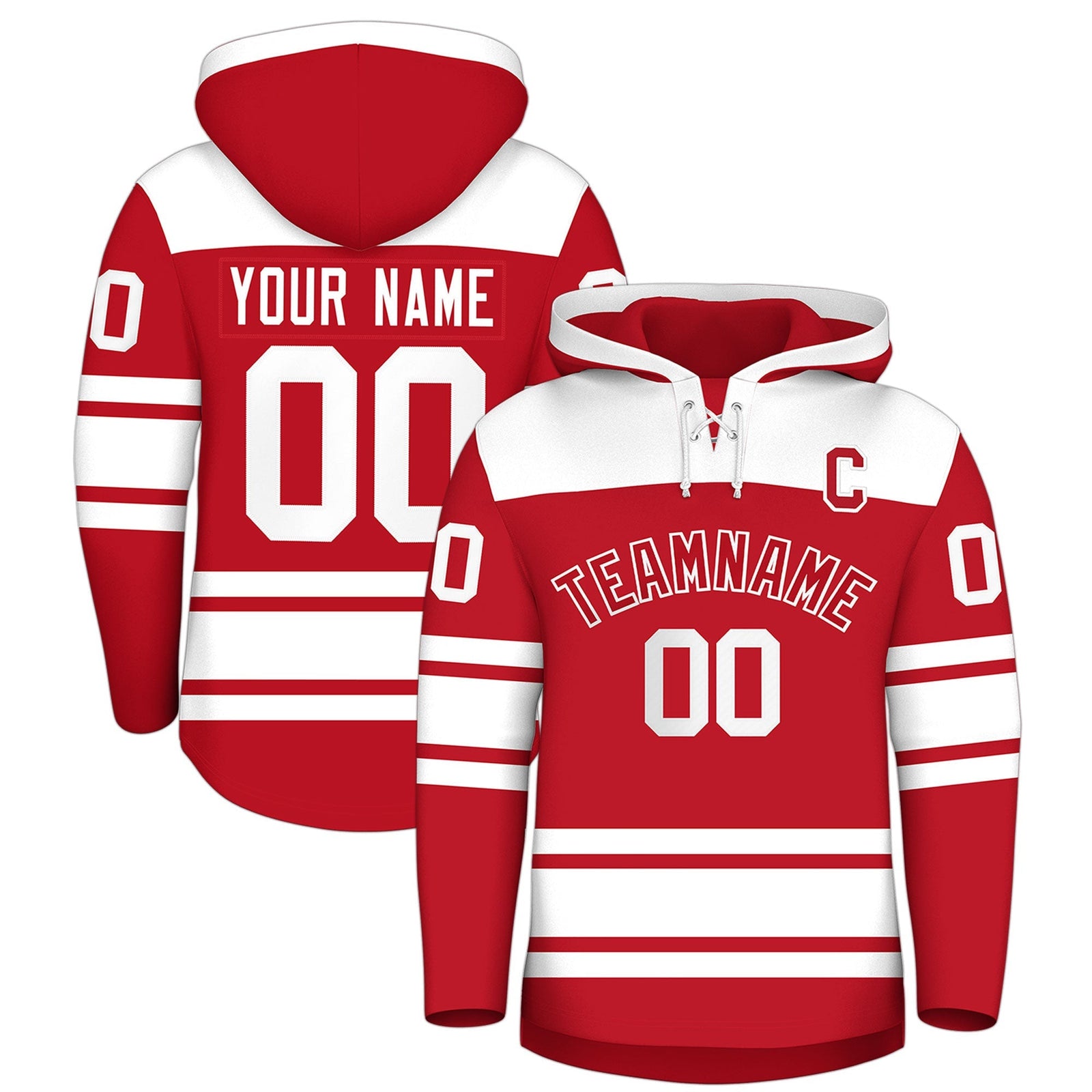 Custom Hockey Hoodie Jersey Red White Raglan Sleeves Lace-Up Neck Personalized Jersey for Men & Youth