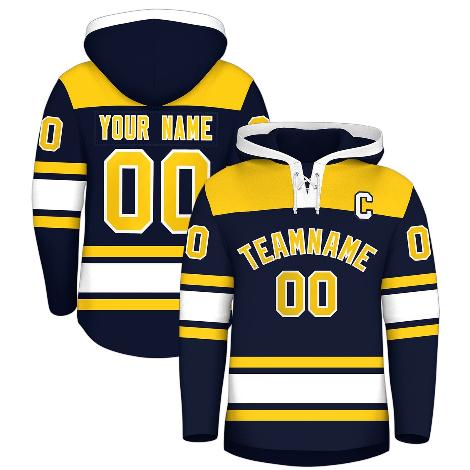 Custom Hockey Hoodie Jersey Navy Gold Raglan Sleeves Lace-Up Neck Personal Name & Number & Logo