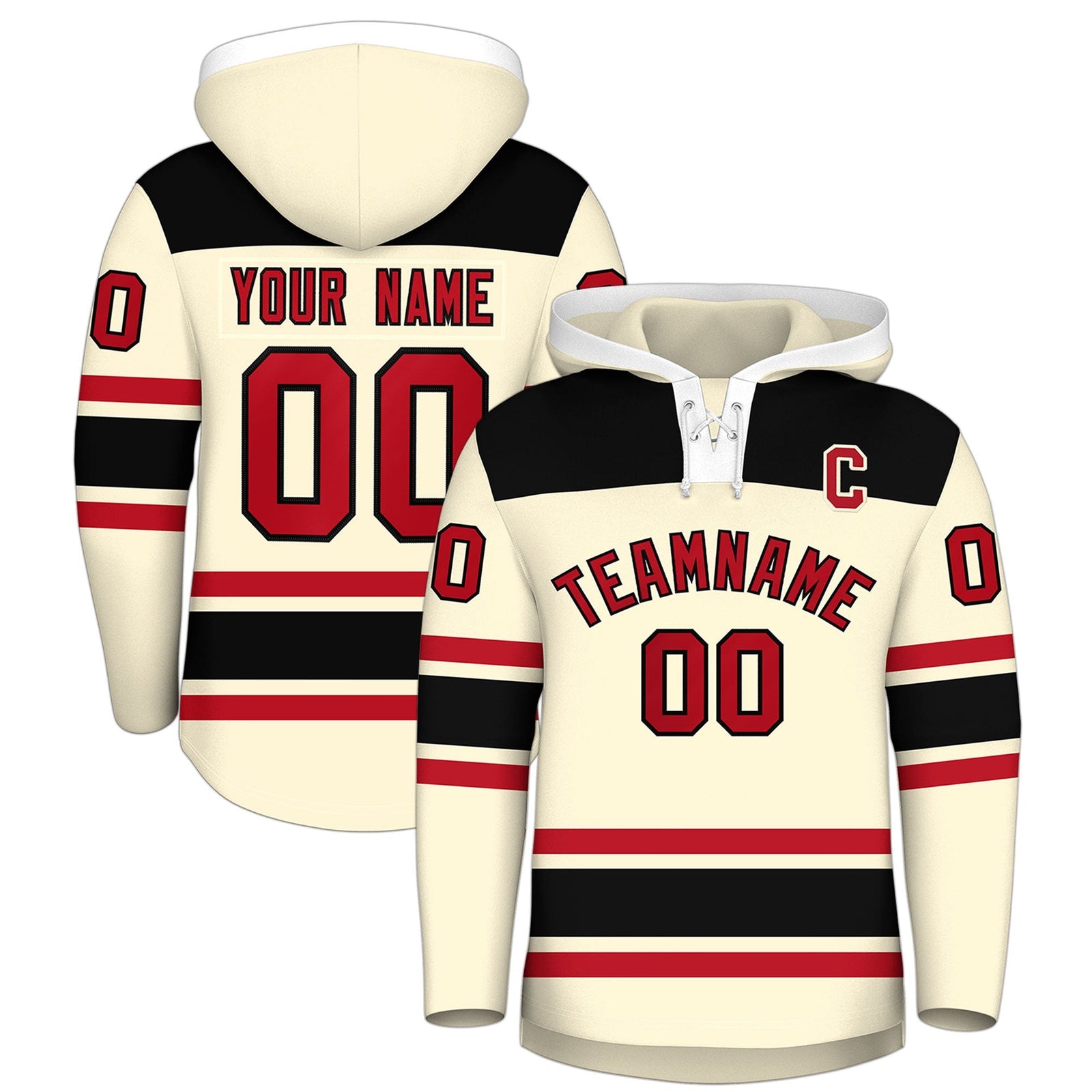 Custom Hockey Hoodie Jersey Cream Black Raglan Sleeves Lace-Up Neck Personal Name & Number & Logo