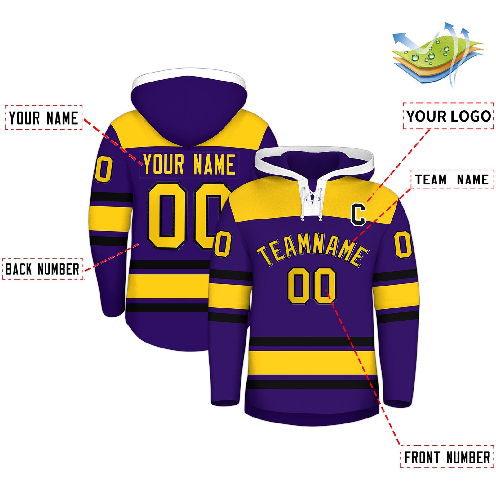 Custom Hockey Hoodie Jersey Purple Gold Raglan Sleeves Lace-Up Neck Personal Name & Number & Logo