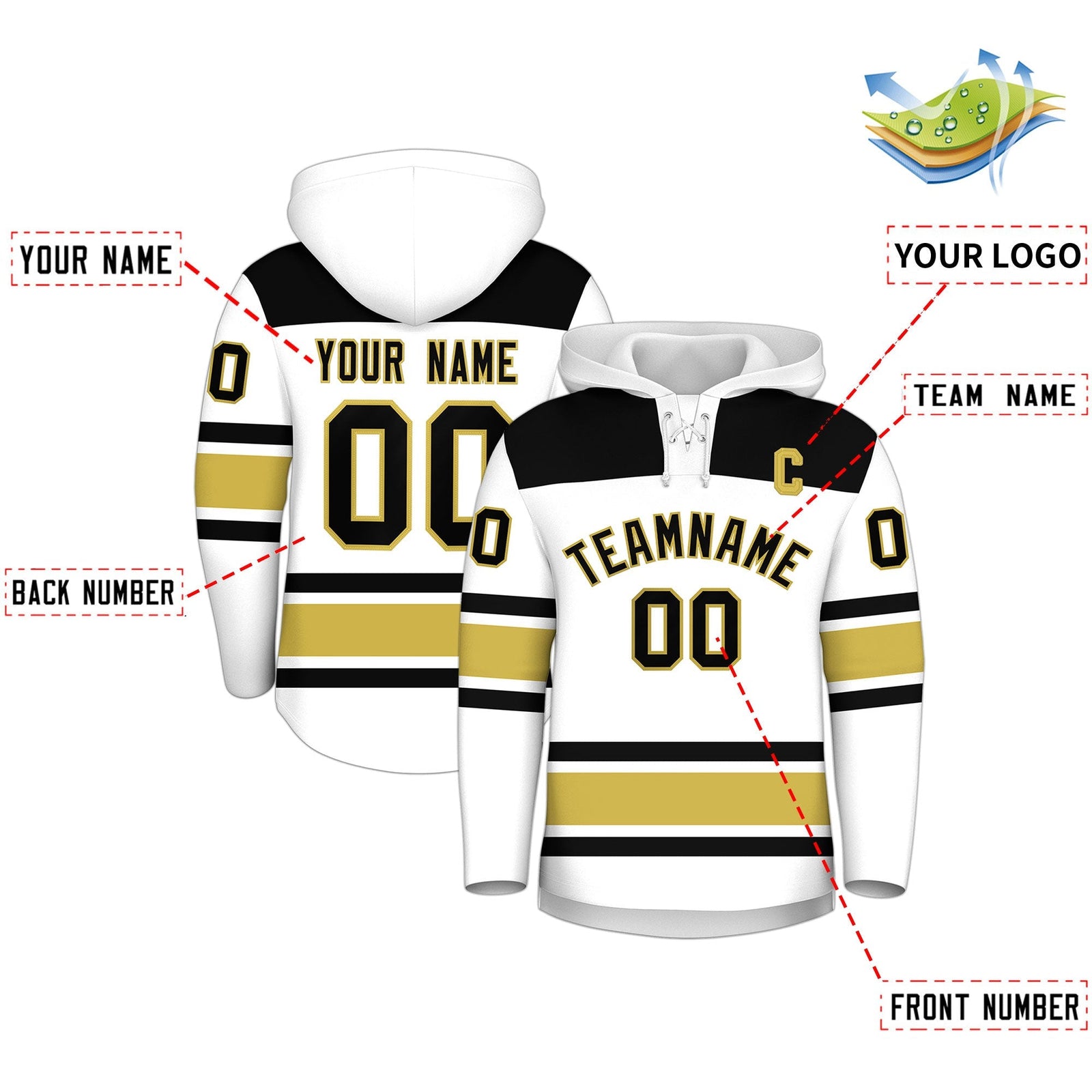 Custom Hockey Hoodie Jersey White Old Gold Raglan Sleeves Lace-Up Neck Classic Team Colors Hoodie