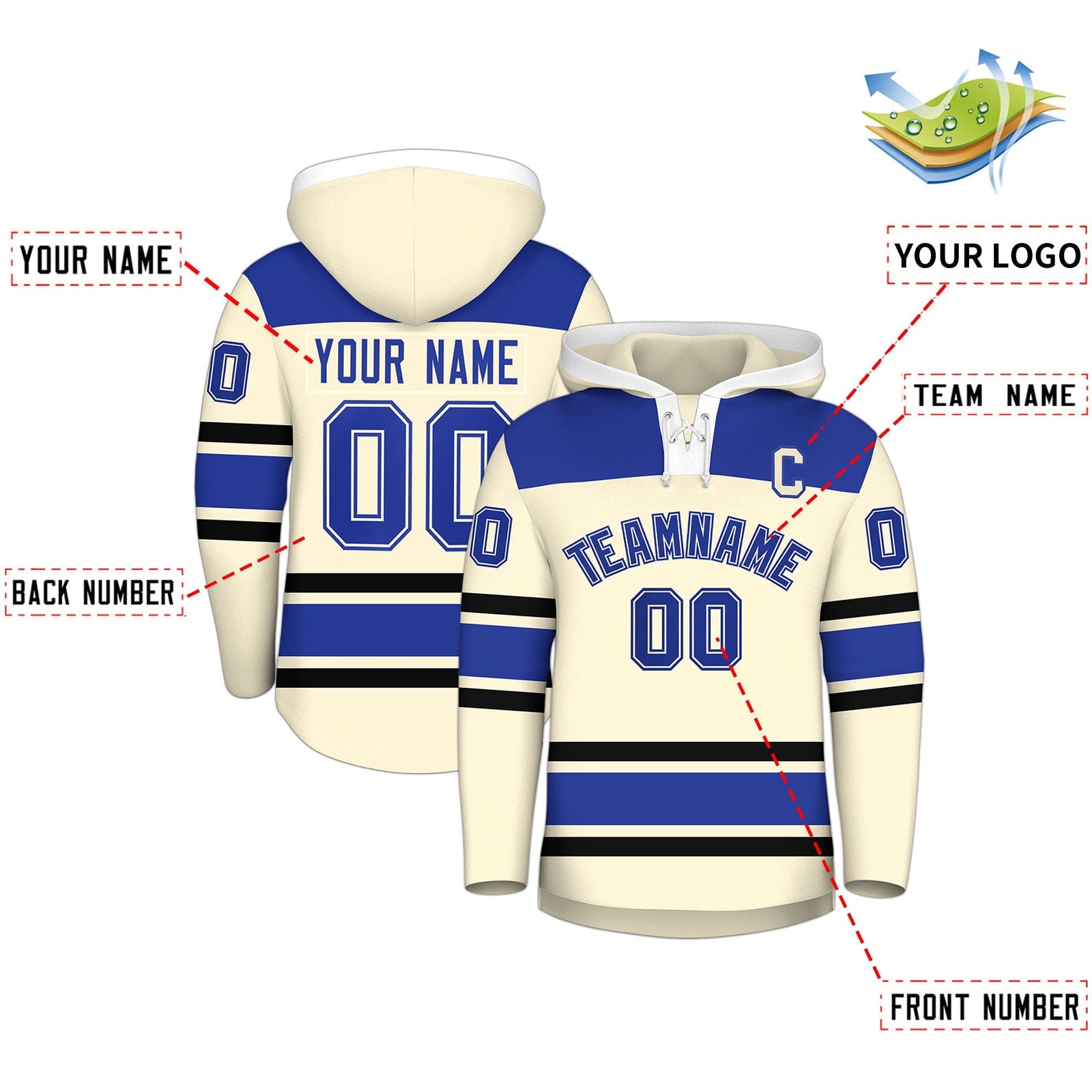 Custom Hockey Hoodie Jersey Cream Royal Blue Raglan Sleeves Lace-Up Neck Personal Name & Number & Logo