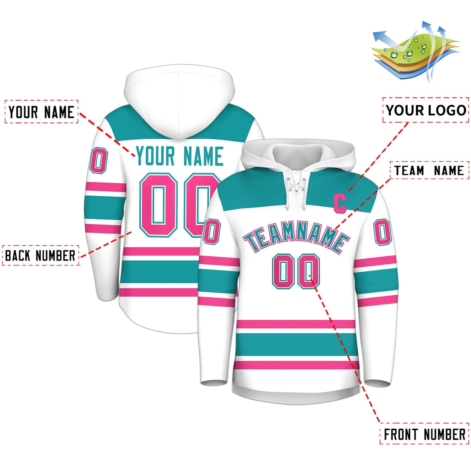 Custom Hockey Hoodie Jersey White Aqua Raglan Sleeves Lace-Up Neck Personal Name & Number & Logo