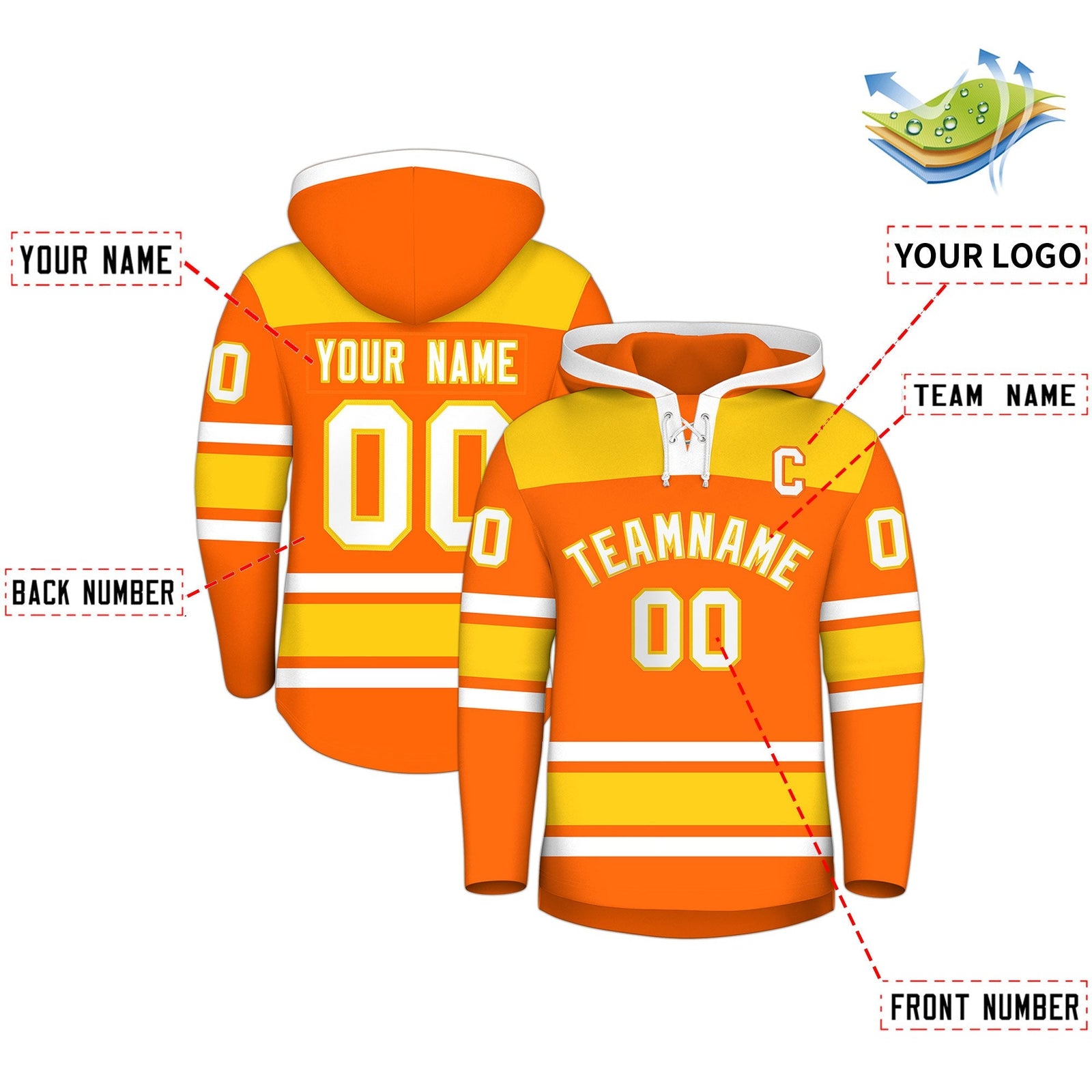 Custom Hockey Hoodie Jersey Orange Gold Raglan Sleeves Lace-Up Neck Personal Name & Number & Logo