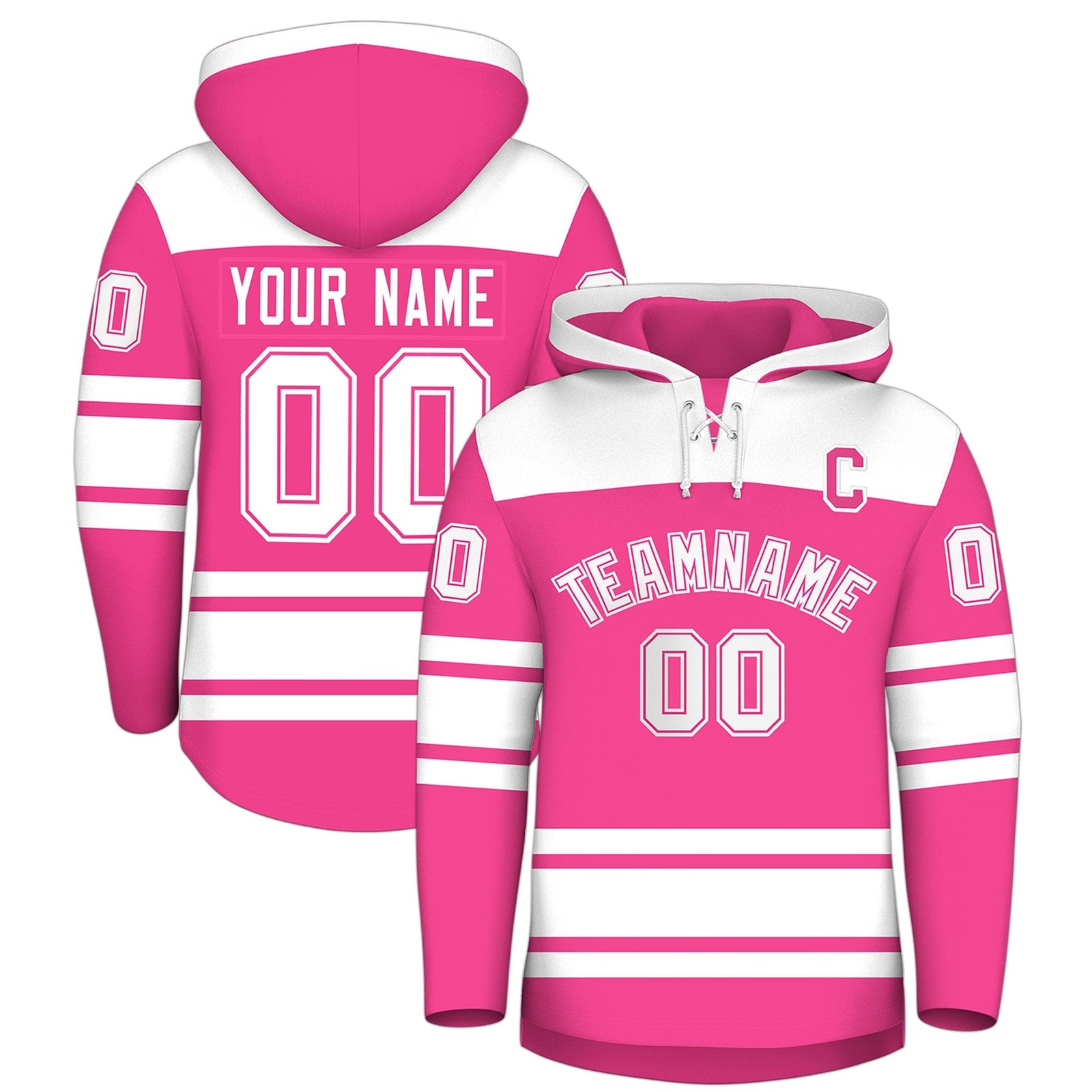 Custom Hockey Hoodie Jersey Pink White Raglan Sleeves Lace-Up Neck Personalized Jersey for Men & Youth