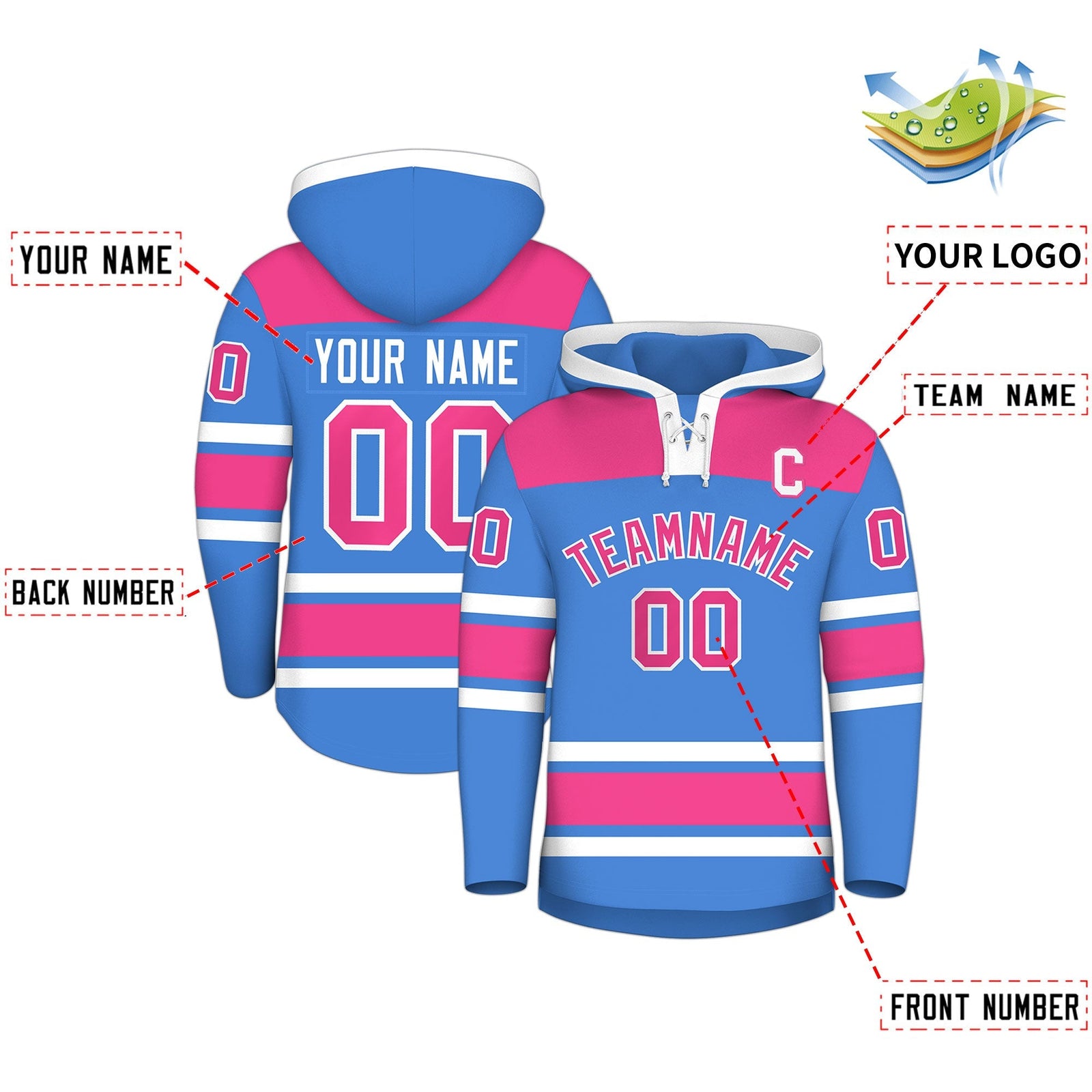 Custom Hockey Hoodie Jersey Powder Blue Raglan Sleeves Lace-Up Neck Personal Name & Number & Logo