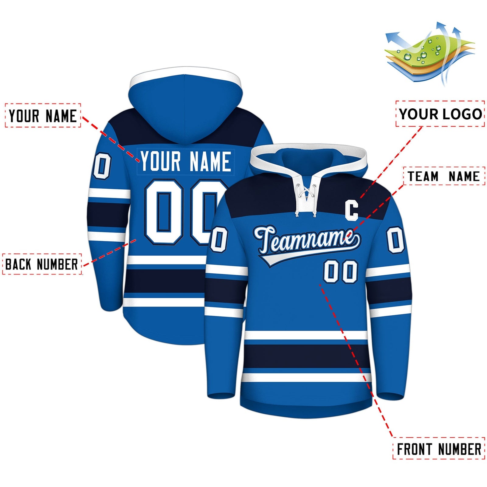 Custom Hockey Hoodie Jersey Royal Navy Raglan Sleeves Lace-Up Neck Personal Name & Number & Logo