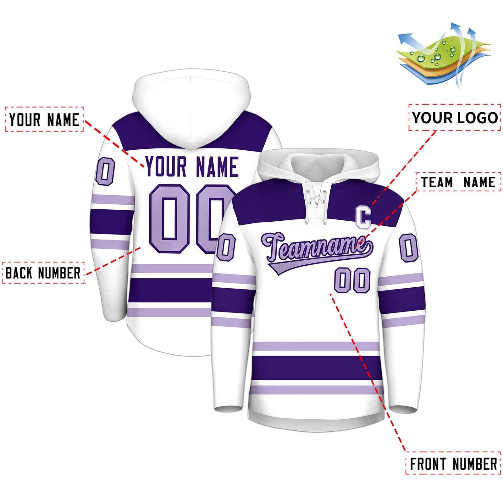 Custom Hockey Hoodie Jersey White Purple Raglan Sleeves Lace-Up Neck Personalized Jersey for Men & Youth