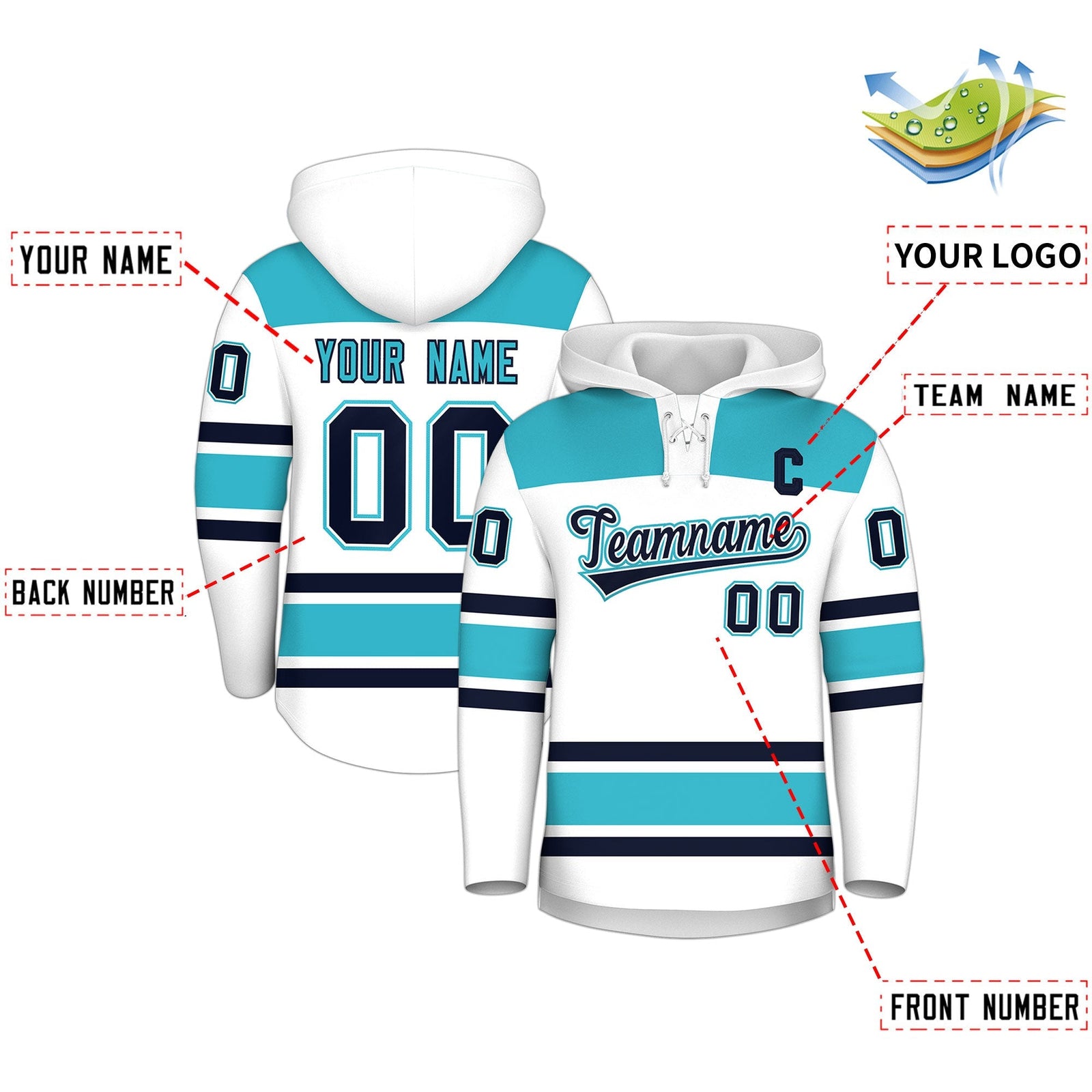 Custom Hockey Hoodie Jersey White Sky Blue Raglan Sleeves Lace-Up Neck Personalized Jersey for Men & Youth