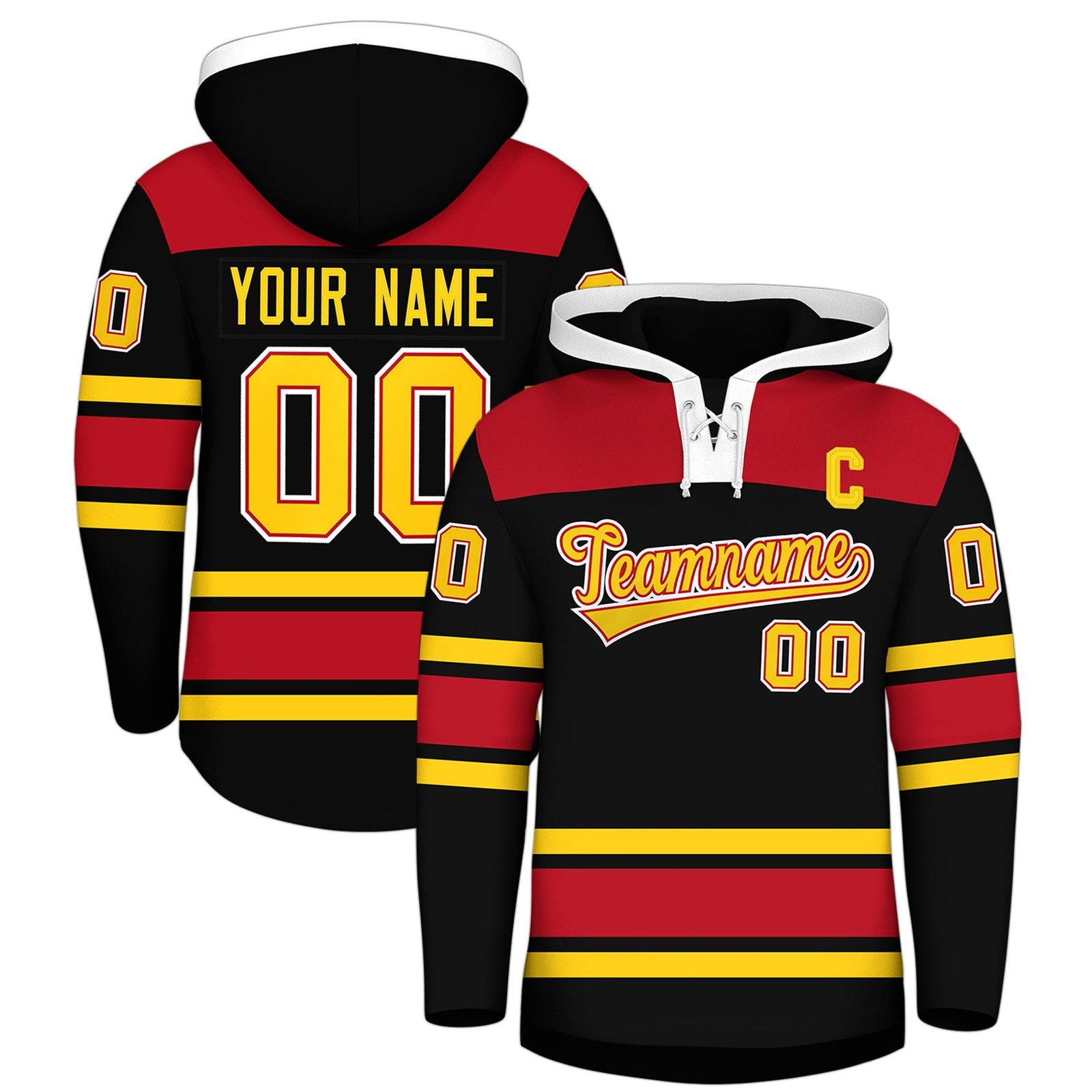 Custom Hockey Hoodie Jersey Black Red Raglan Sleeves Lace-Up Neck Personal Name & Number & Logo