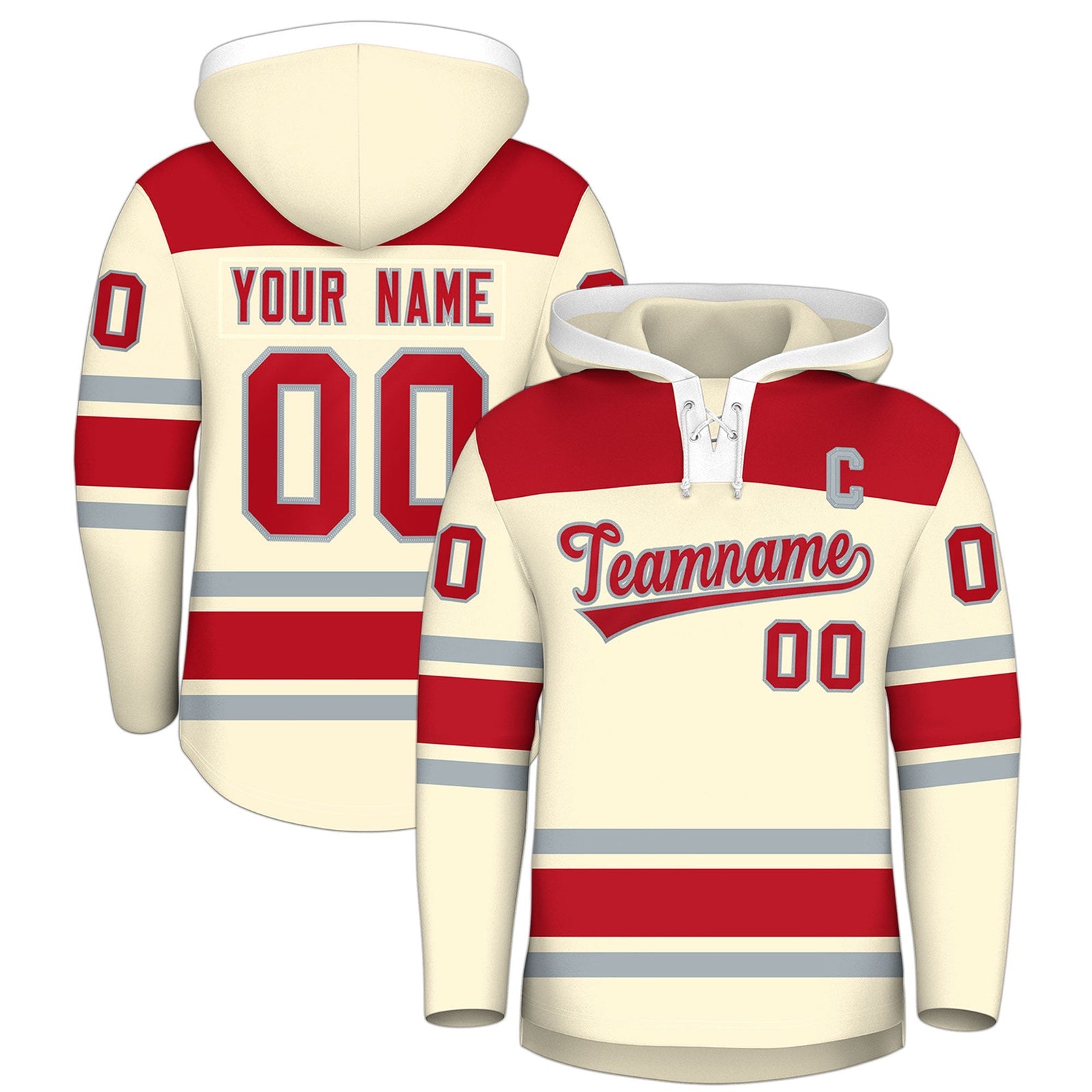 Custom Hockey Hoodie Jersey Cream Red Raglan Sleeves Lace-Up Neck Personal Name & Number & Logo