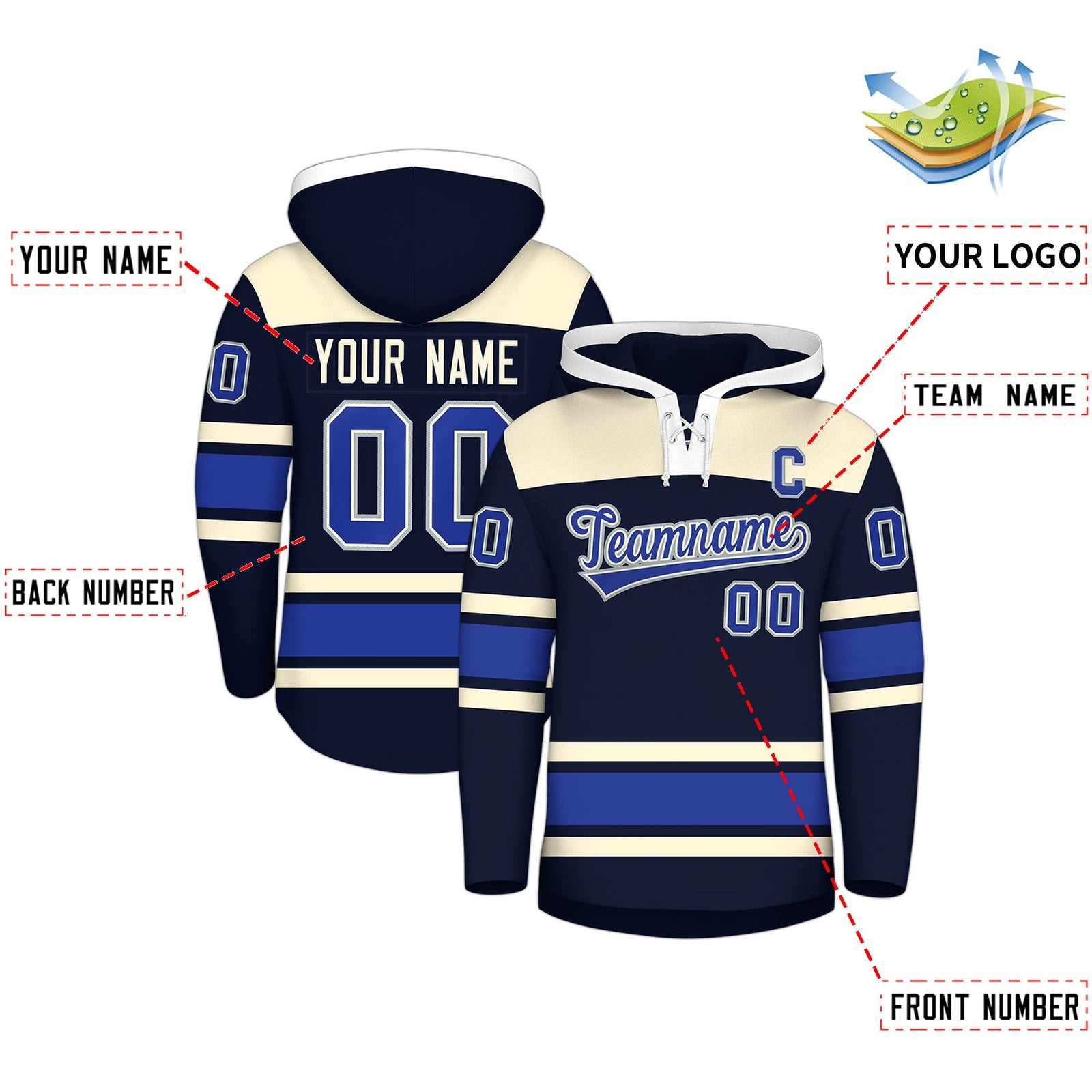 Custom Hockey Hoodie Jersey Navy Cream Raglan Sleeves Lace-Up Neck Personal Name & Number & Logo