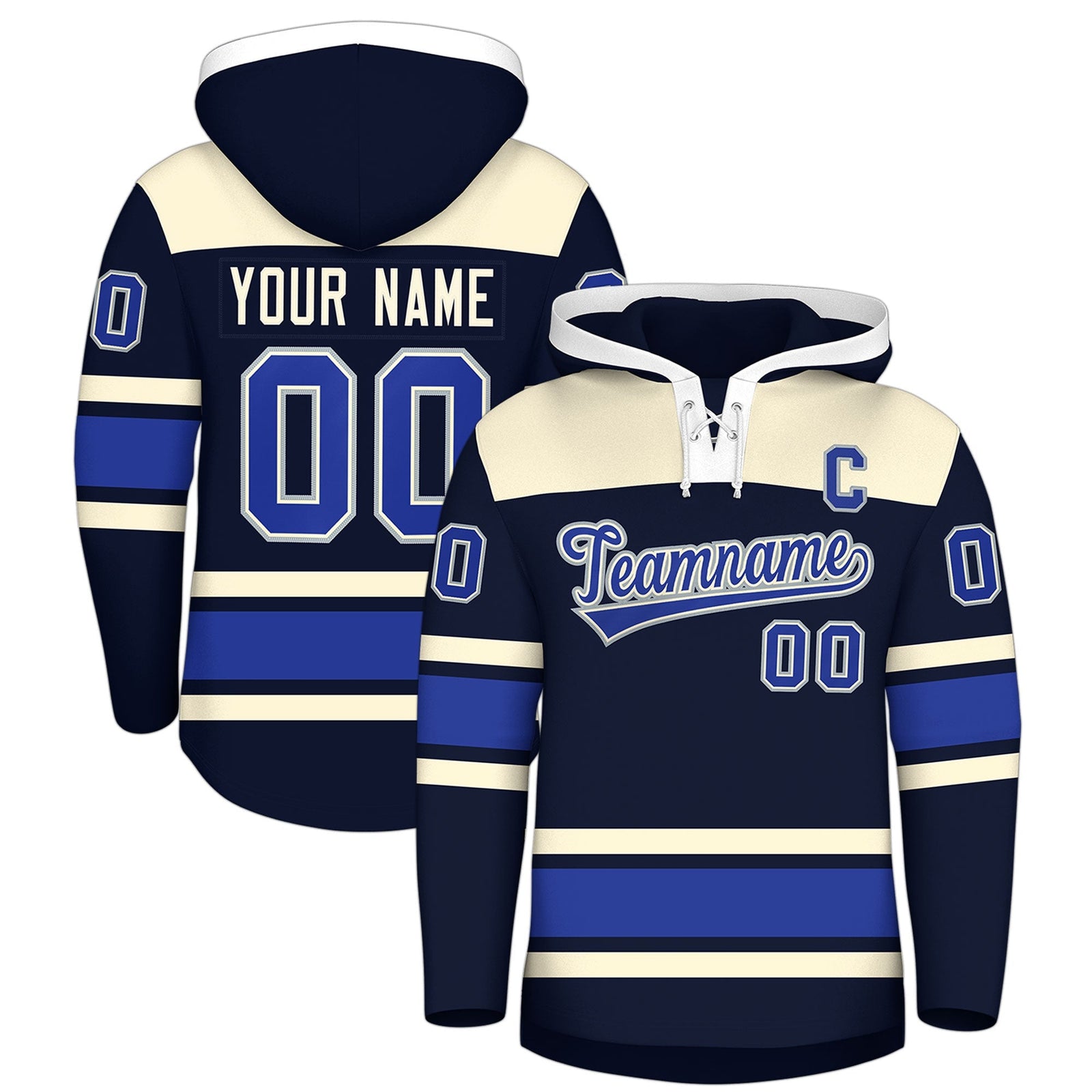 Custom Hockey Hoodie Jersey Navy Cream Raglan Sleeves Lace-Up Neck Personal Name & Number & Logo