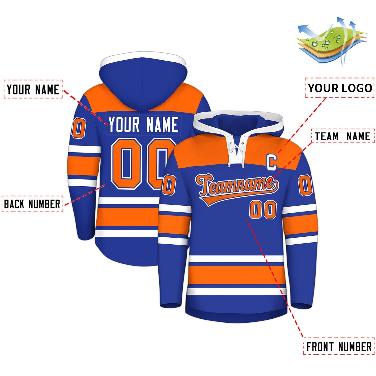 Custom Hockey Hoodie Jersey Royal Blue Orange Raglan Sleeves Lace-Up Neck Classic Team Colors Hoodie