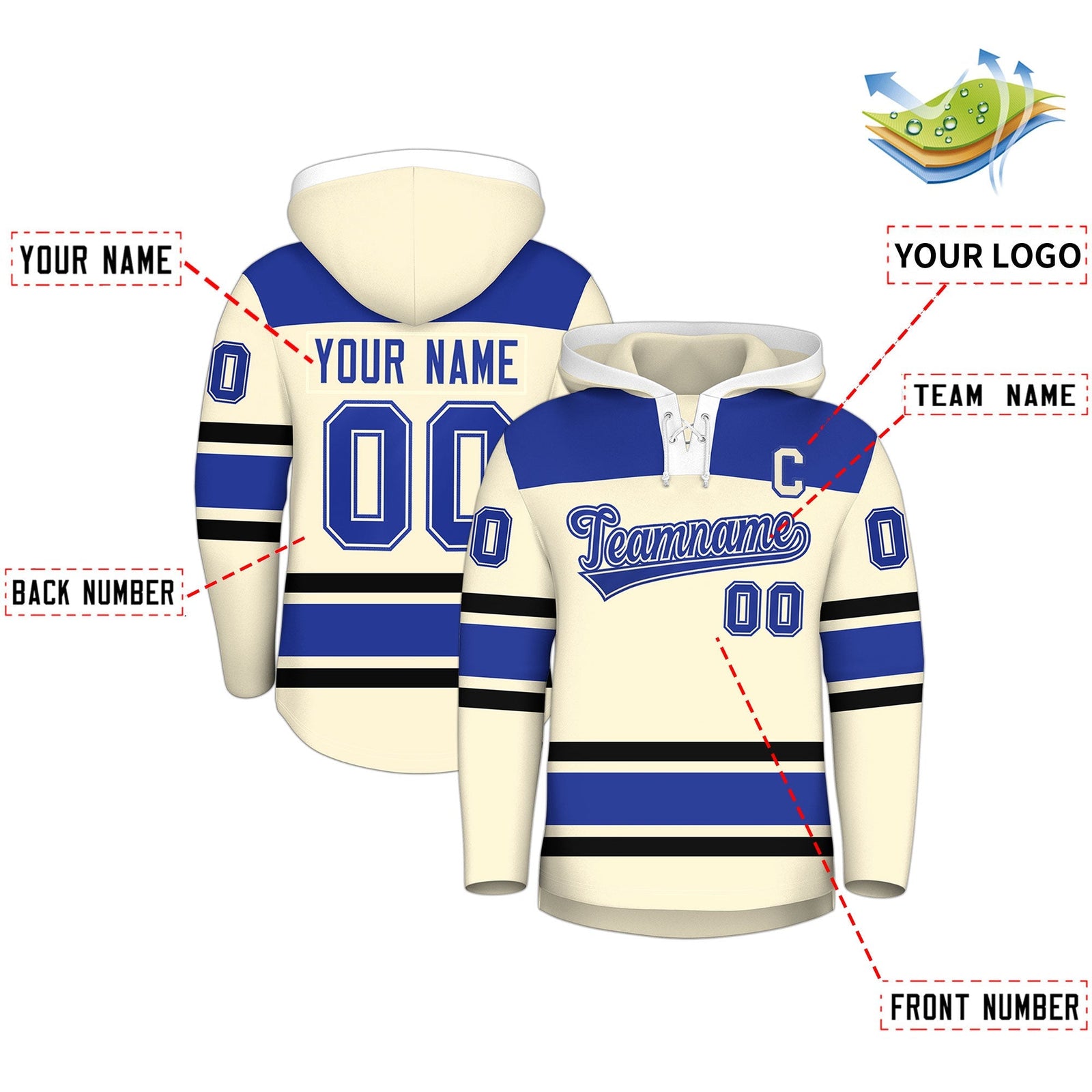 Custom Hockey Hoodie Jersey Cream Royal Blue Raglan Sleeves Lace-Up Neck Personal Name & Number & Logo