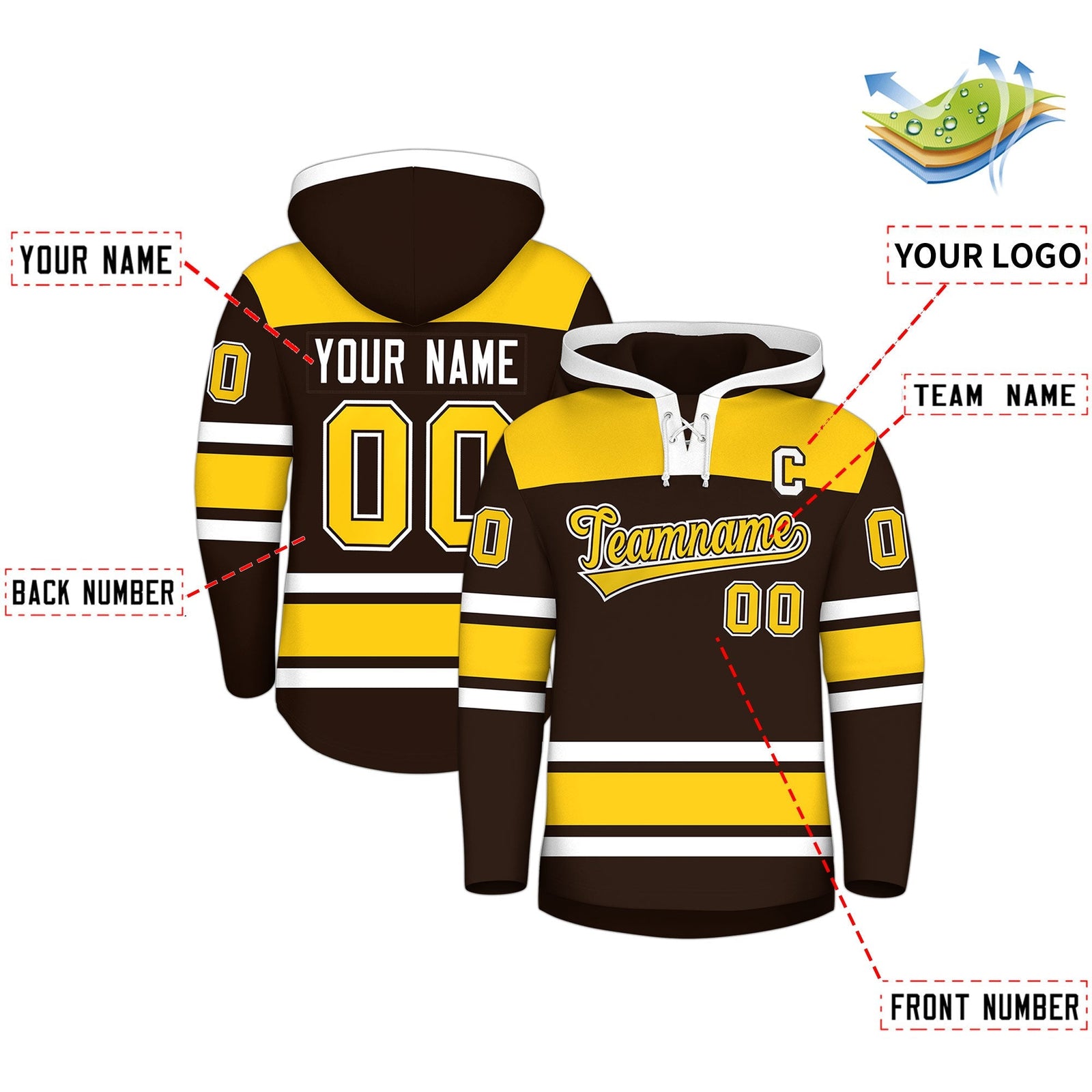 Custom Hockey Hoodie Jersey Brown Gold Raglan Sleeves Lace-Up Neck Personalized Jersey for Men & Youth
