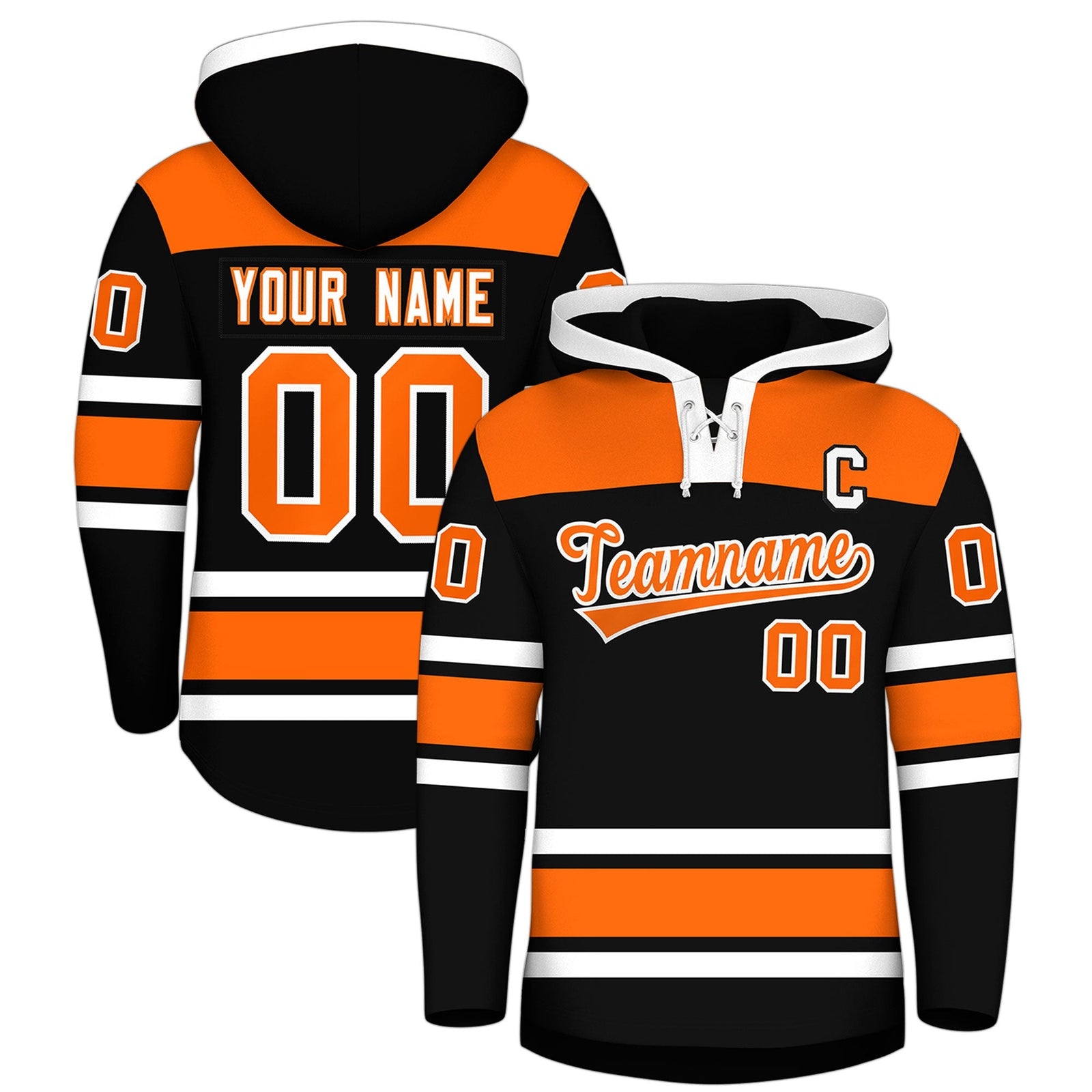 Custom Hockey Hoodie Jersey Black Orange Raglan Sleeves Lace-Up Neck Personalized Jersey for Men & Youth